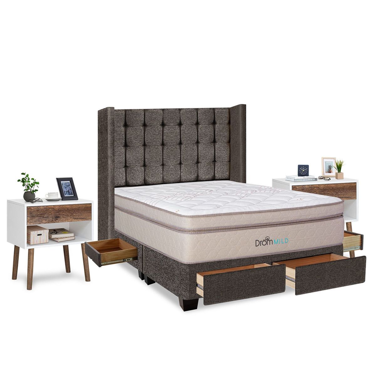 DROM - Dormitorio con Cajones Mild Cuadros King + 2 Veladores Luxe + 2 Almohadas Viscoelásticas + Protecto
