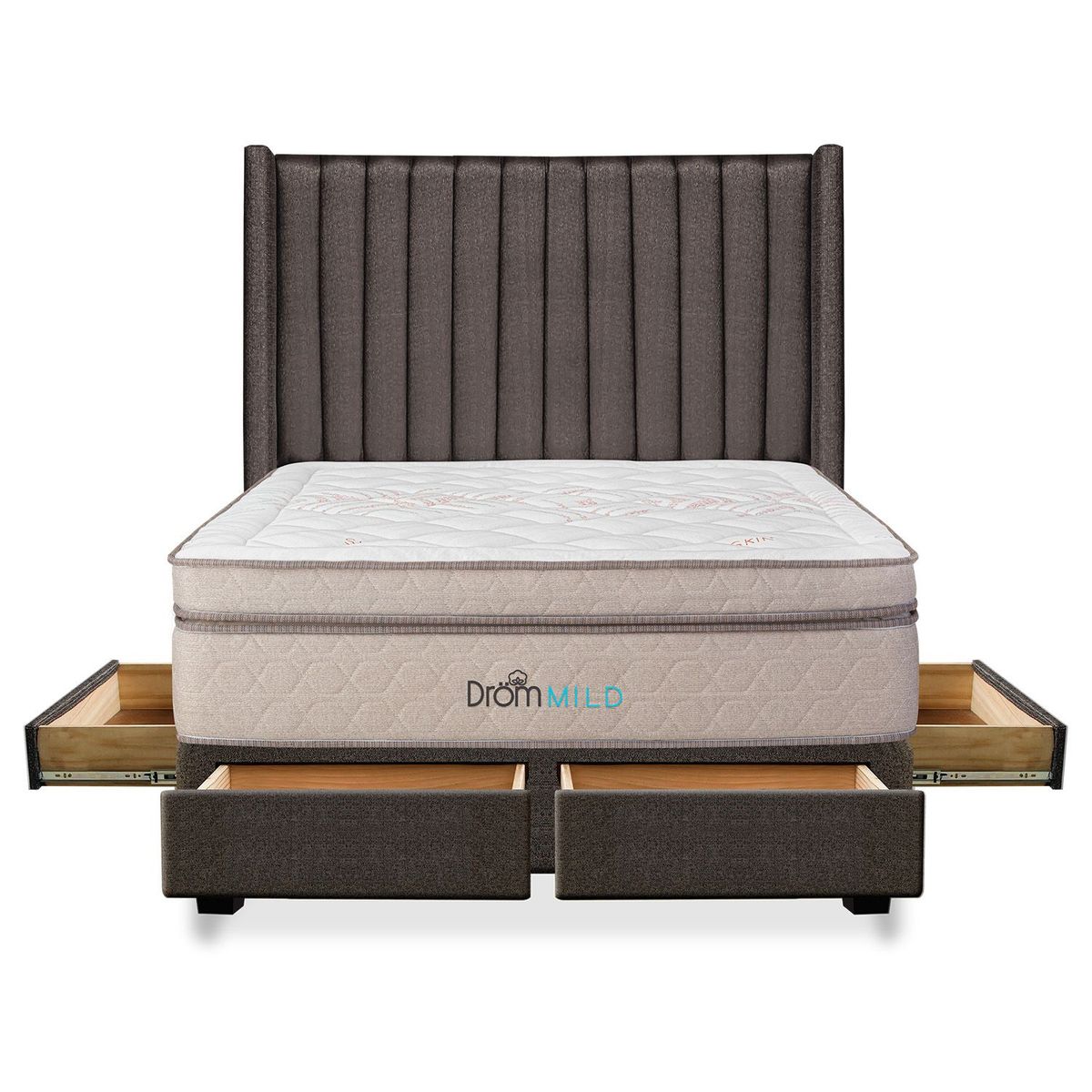 DROM - Dormitorio con Cajones Mild Lineas Queen + 2 Almohadas Viscoelásticas y Protector