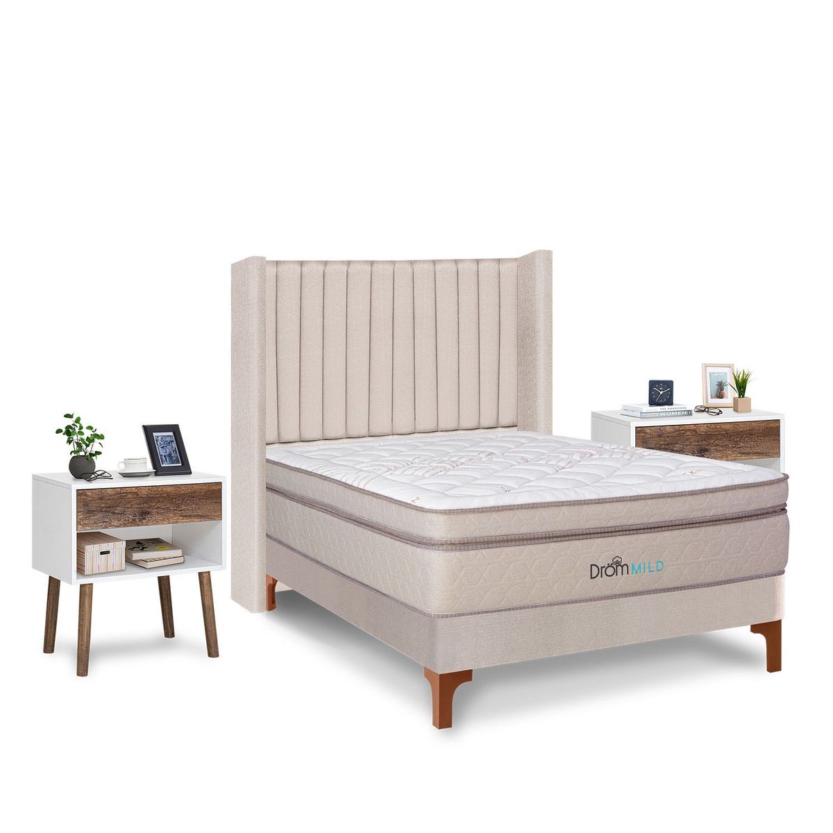 DROM - Dormitorio Europeo Mild Lineas 2 Plz + 2 Veladores Luxe + 2 Almohadas Viscoelásticas + Protector