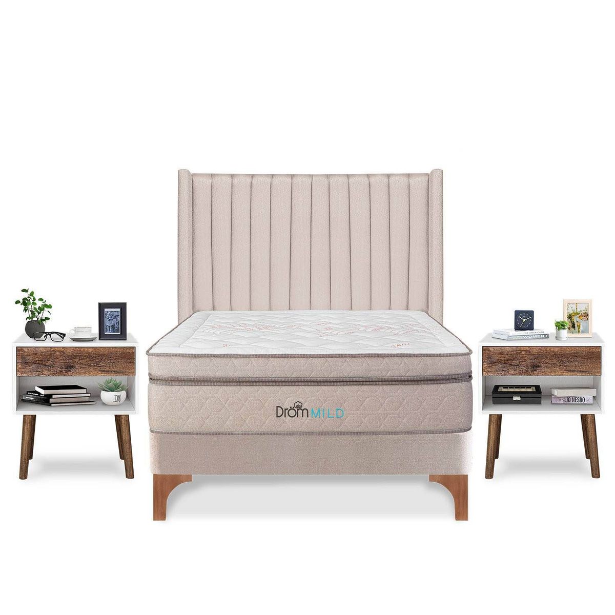 DROM - Dormitorio Europeo Mild Lineas Queen + 2 Veladores Luxe + 2 Almohadas Viscoelásticas + Protector