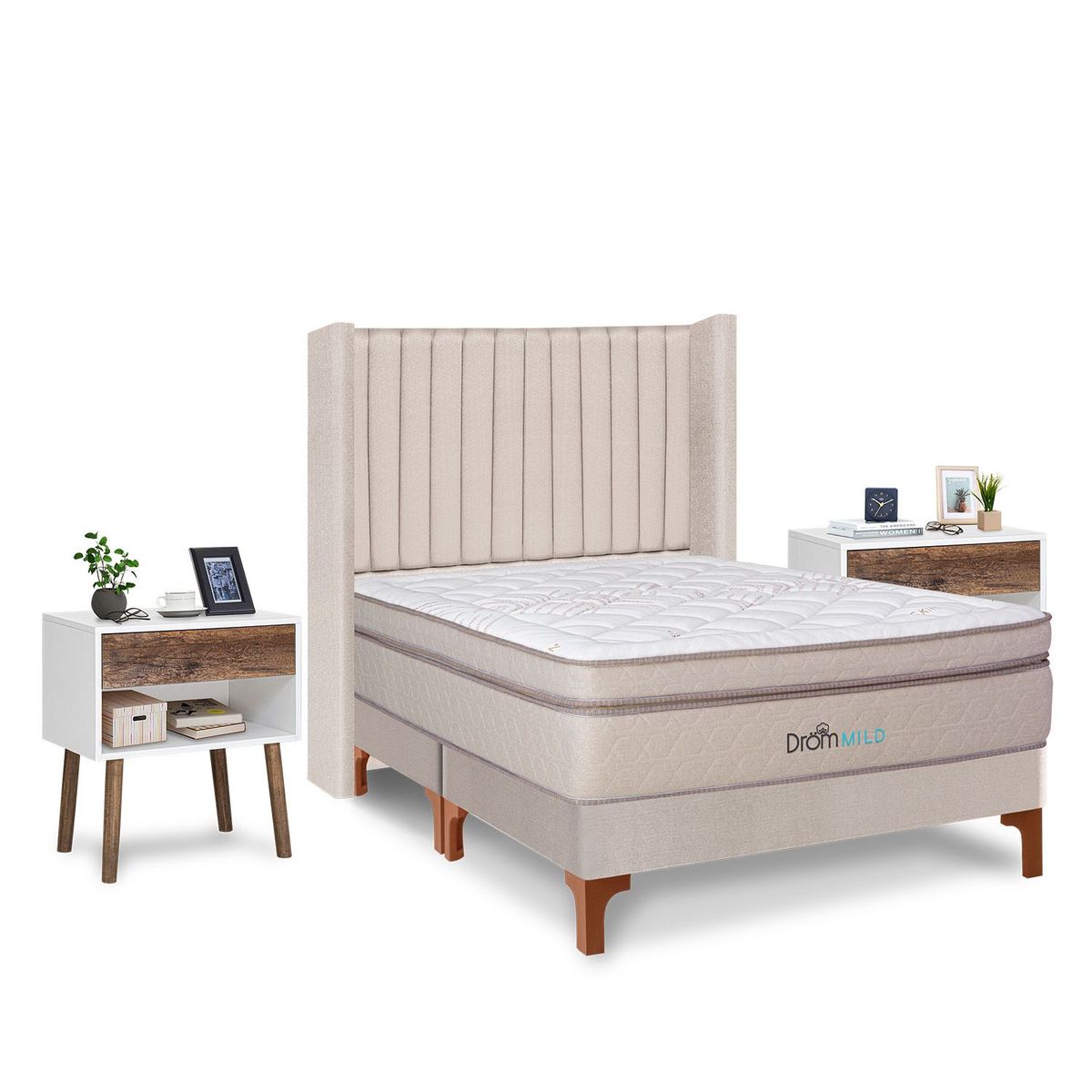 DROM - Dormitorio Europeo Mild Lineas Queen + 2 Veladores Luxe + 2 Almohadas Viscoelásticas + Protector