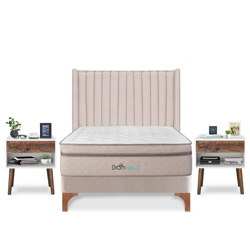 DROM - Dormitorio Europeo Mild Lineas King + 2 Veladores Luxe + 2 Almohadas Viscoelásticas + Protector