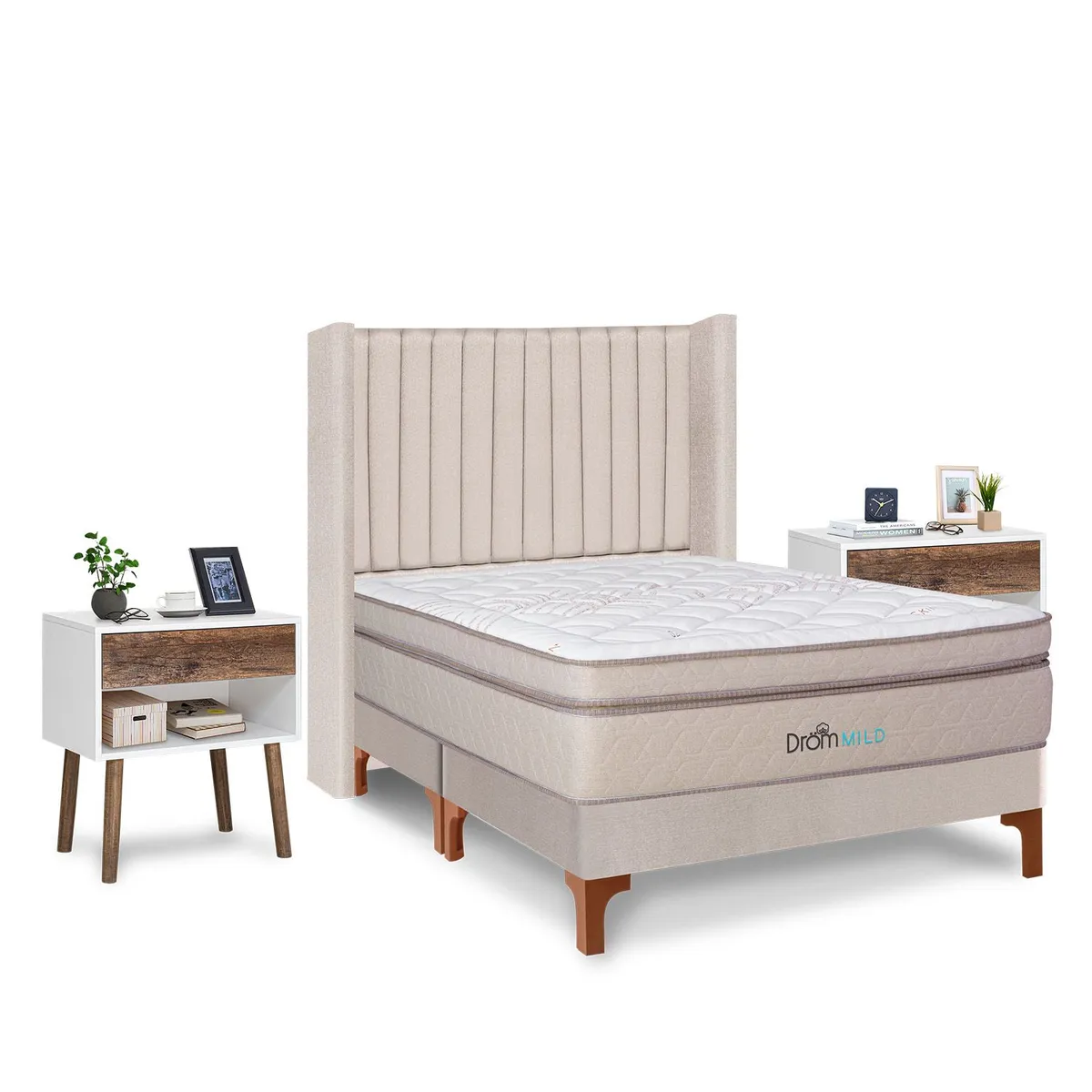 DROM - Dormitorio Europeo Mild Lineas King + 2 Veladores Luxe + 2 Almohadas Viscoelásticas + Protector