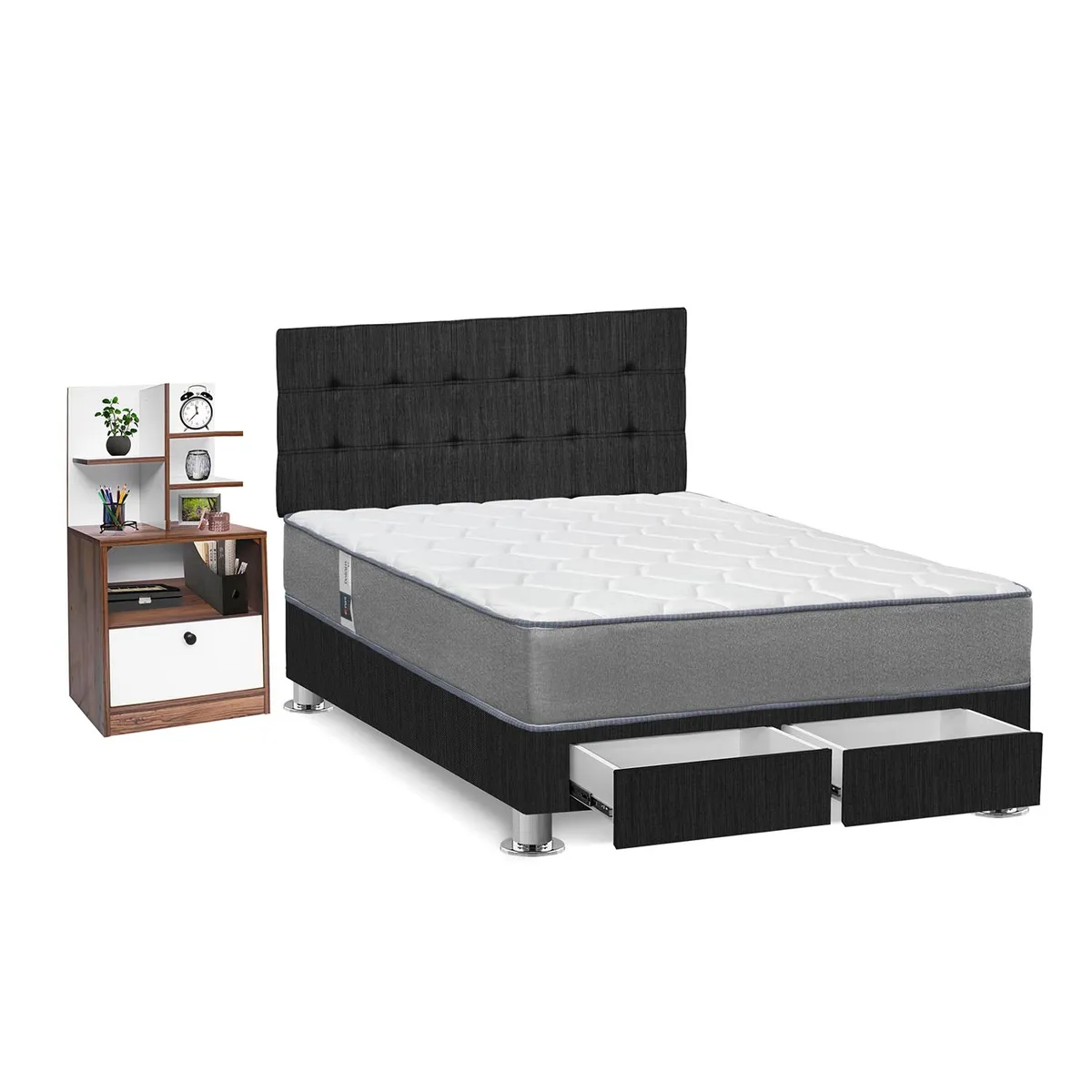 FORLI - Dormitorio con Cajones Polaris Hiromi 2 Plz + 1 Velador Repisa + 2 Almohadas