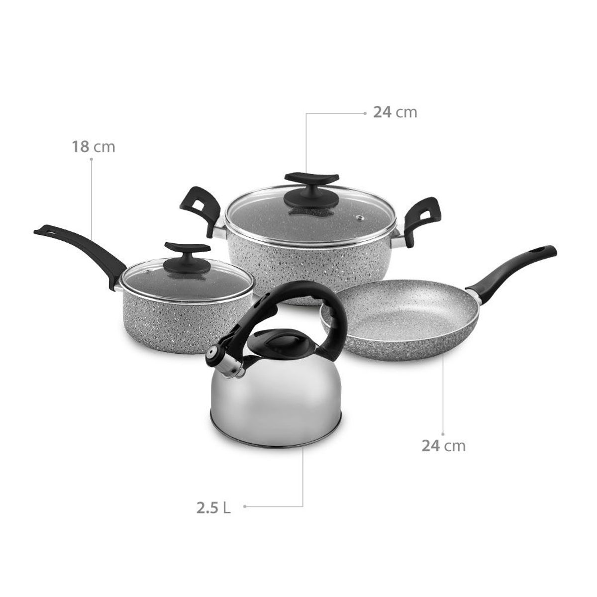 ILKO - Juego De Ollas 5 Piezas Granito Gris + Tetera 2.5 Lts