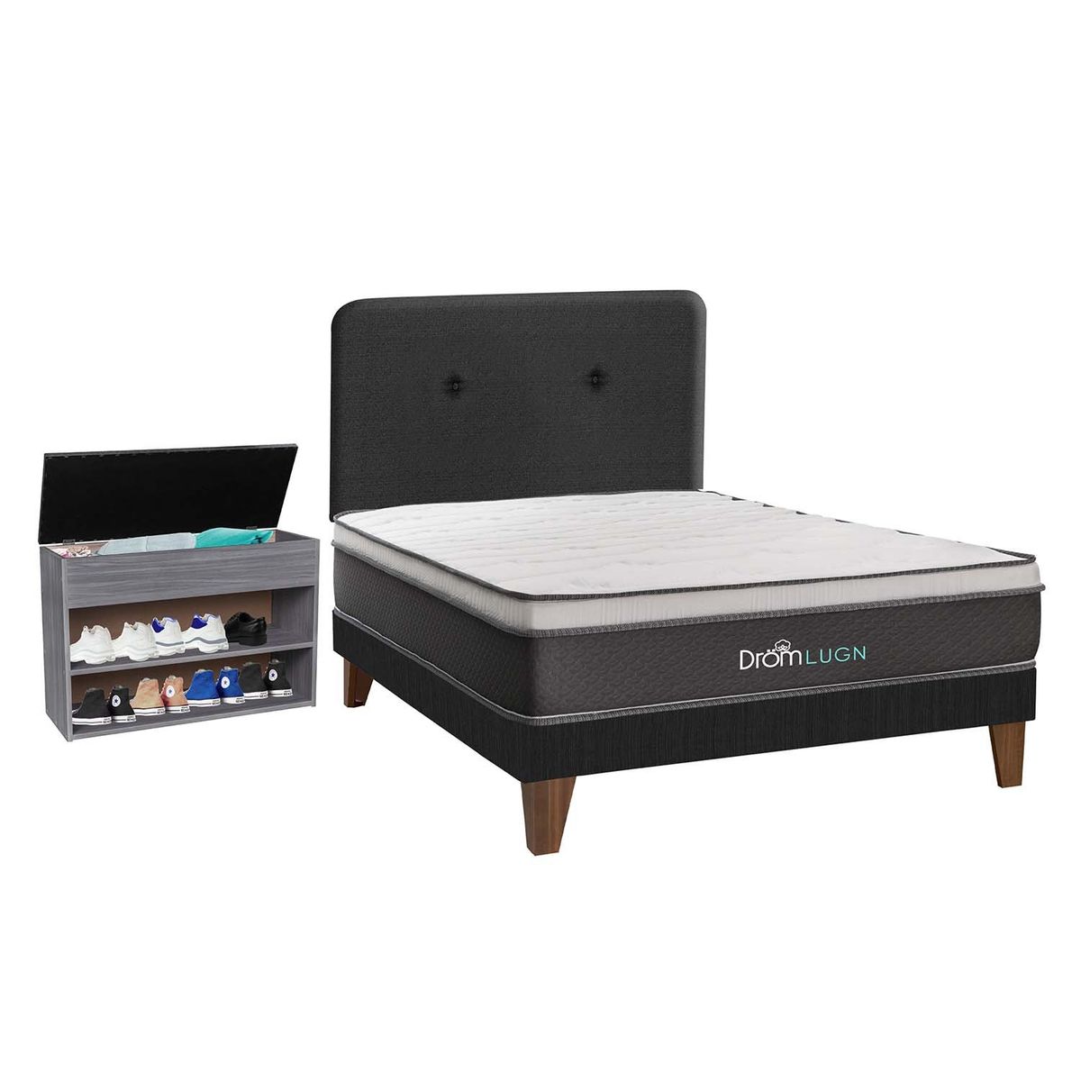 DROM - Dormitorio Europeo Lugn 1.5Plz + Zapatera + 1 Almohada Viscoelástica y Protector