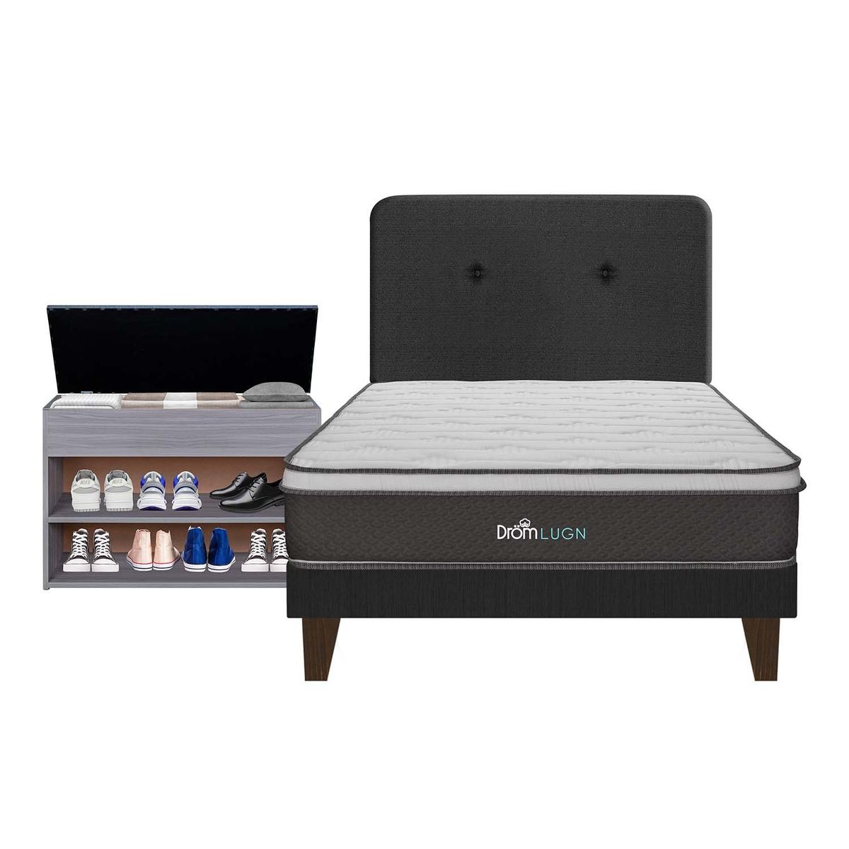 DROM - Dormitorio Europeo Lugn 1.5Plz + Zapatera + 1 Almohada Viscoelástica y Protector