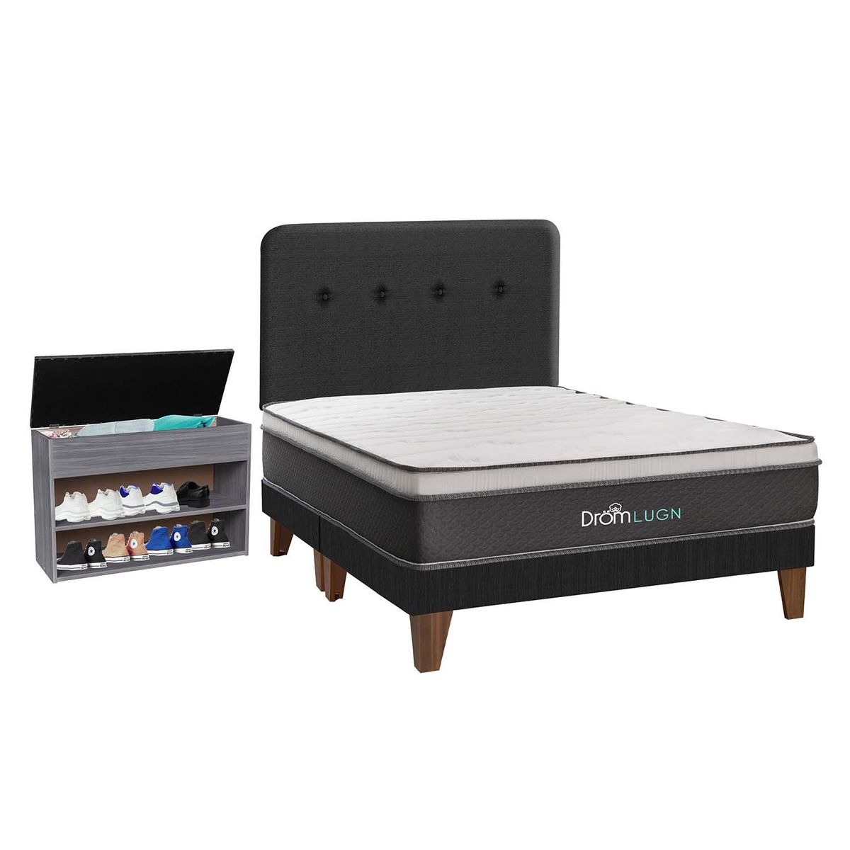 DROM - Dormitorio Europeo Lugn Queen + Zapatera + 2 Almohadas y Protector