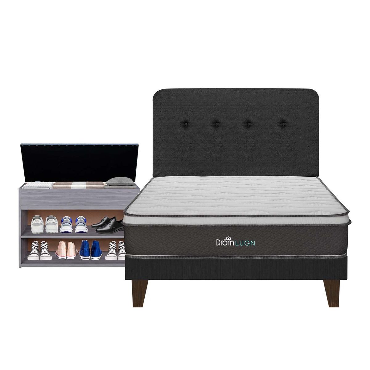 DROM - Dormitorio Europeo Lugn Queen + Zapatera + 2 Almohadas y Protector