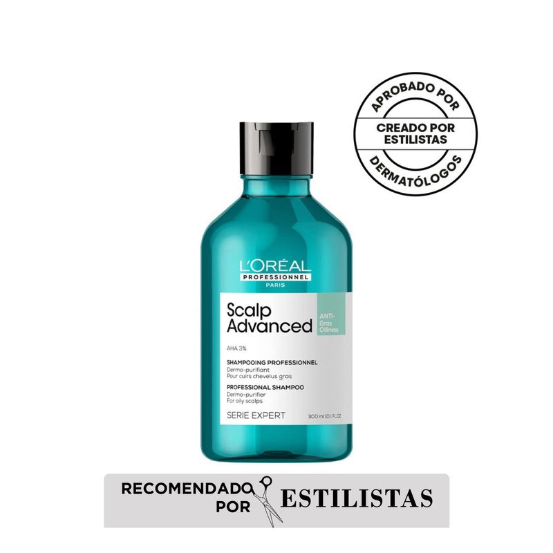 LOREAL PROFESSIONNEL - Shampoo En Gel Que Purifica El Cuero Cabelludo Y La Fibra De Residuos, Sudor Y Grasa Para Una Sensación Más Fresca Y Limpia Scalp Advanced Anti-Oiliness 300 Ml