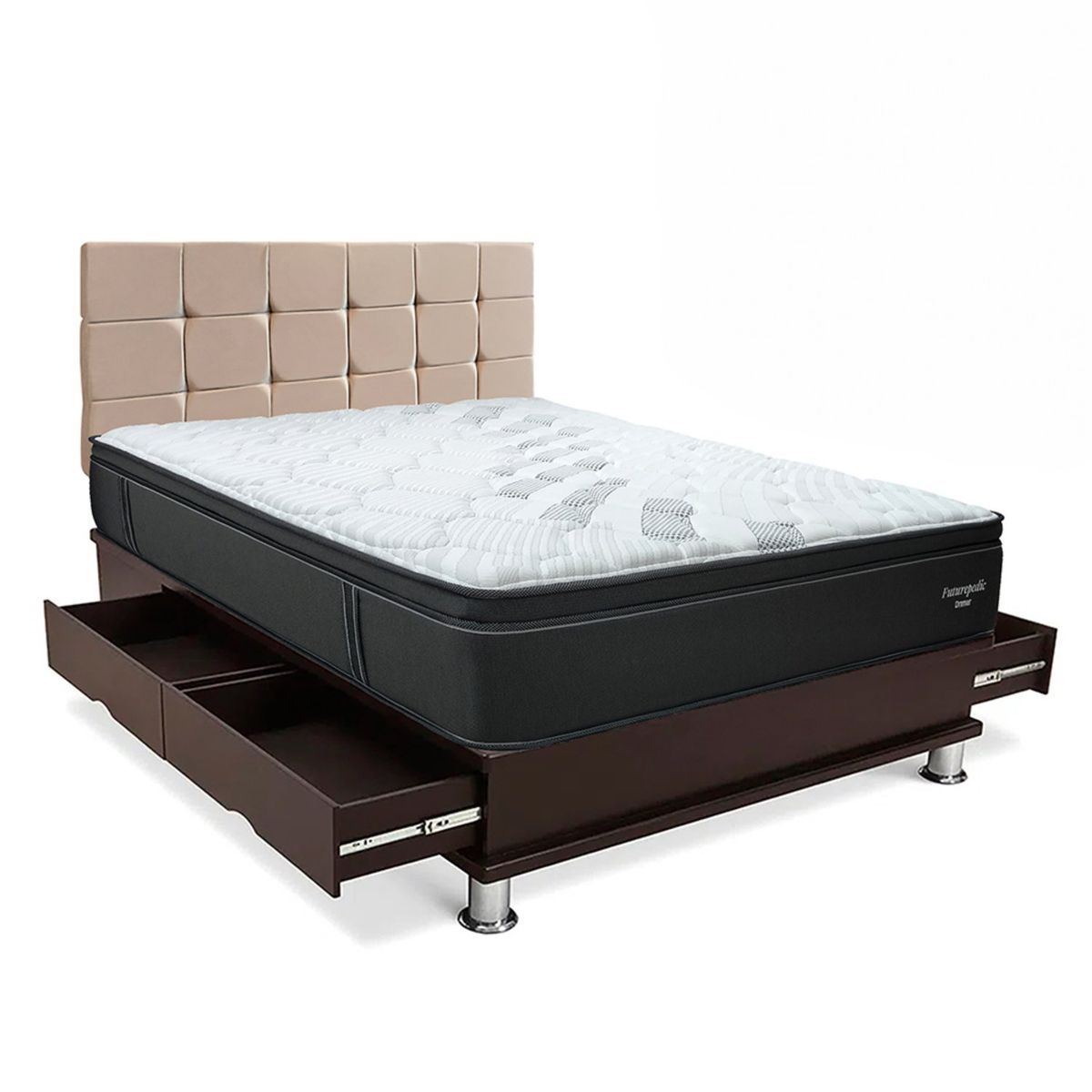 DRIMER - Dormitorio Con Cajones Cuadros Futurepedic Queen + 2 Almohadas + Protector