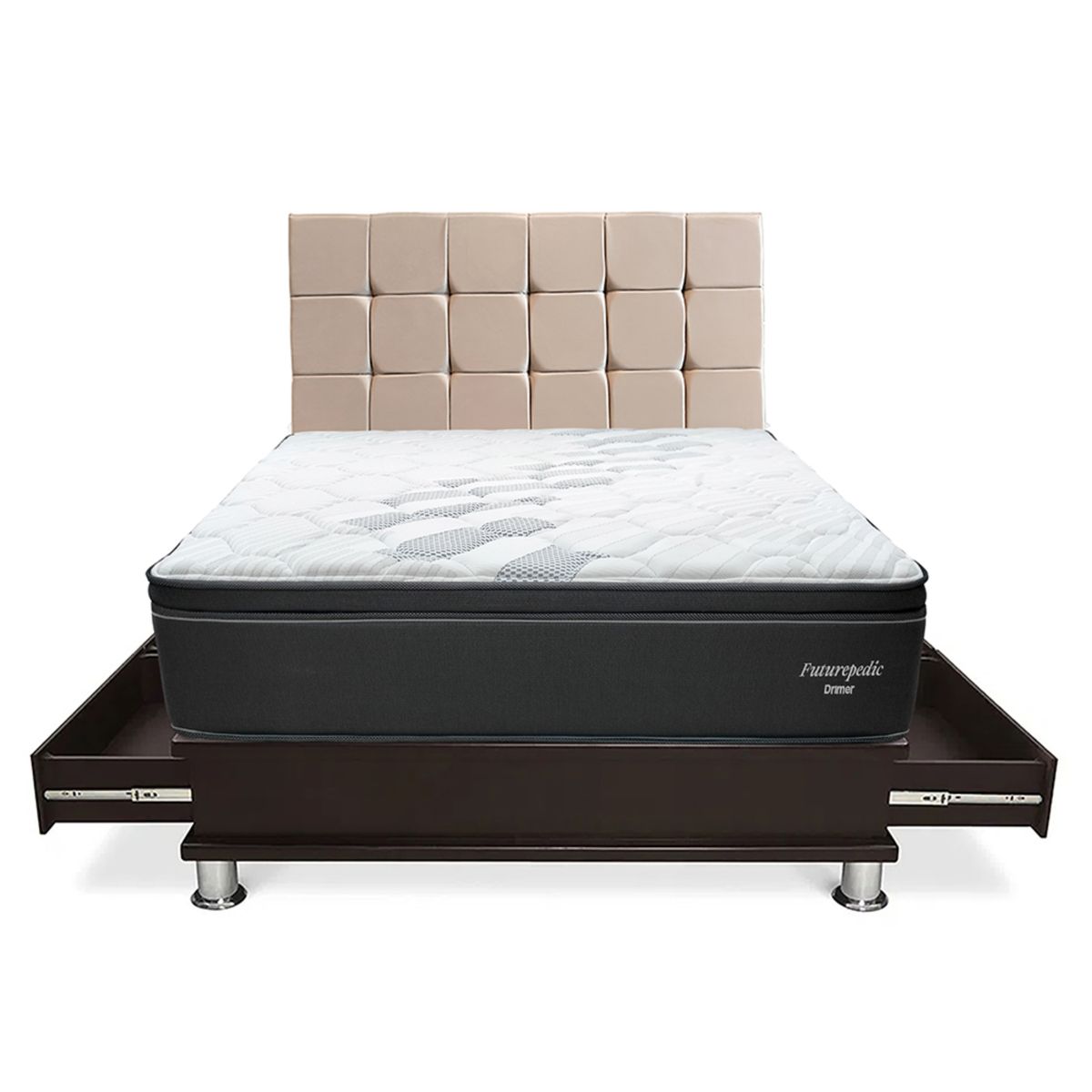 DRIMER - Dormitorio Con Cajones Cuadros Futurepedic Queen + 2 Almohadas + Protector