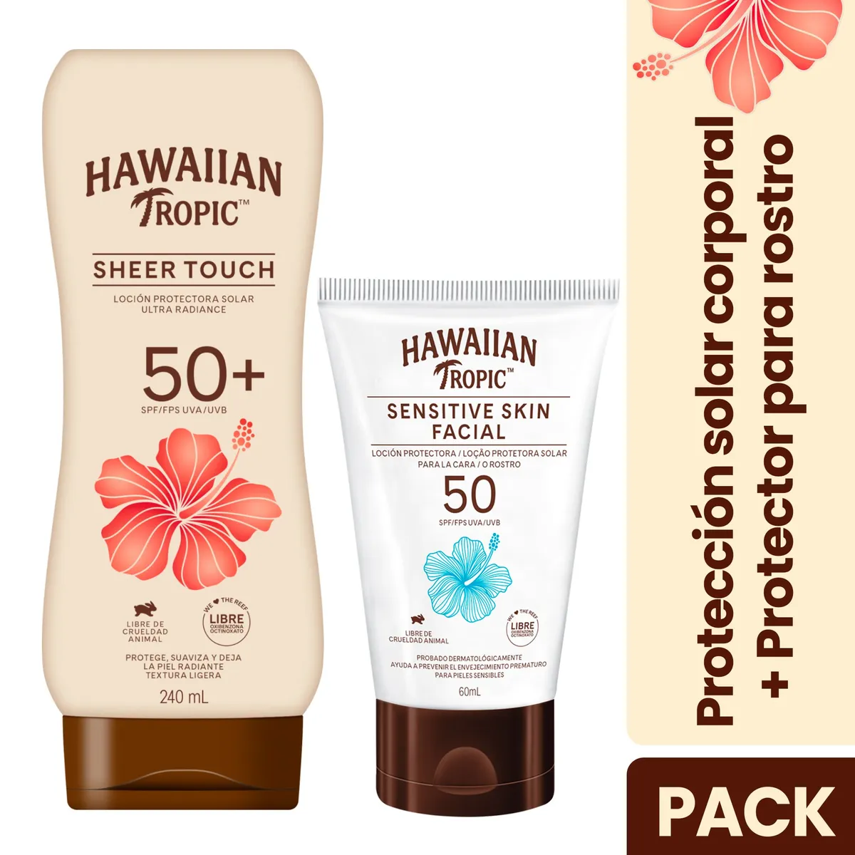 HAWAIIAN TROPIC - Set Hawaiian Tropic Protector Solar Sheer Touch Fps50+ 240ml + Sensitive Skin Facial Spf50 60ml