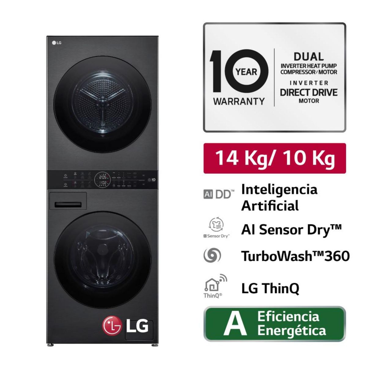 LG - Centro De Lavado WashTower WK14BS6 14/10Kg AI DD Carga Frontal Negro Plateado LG