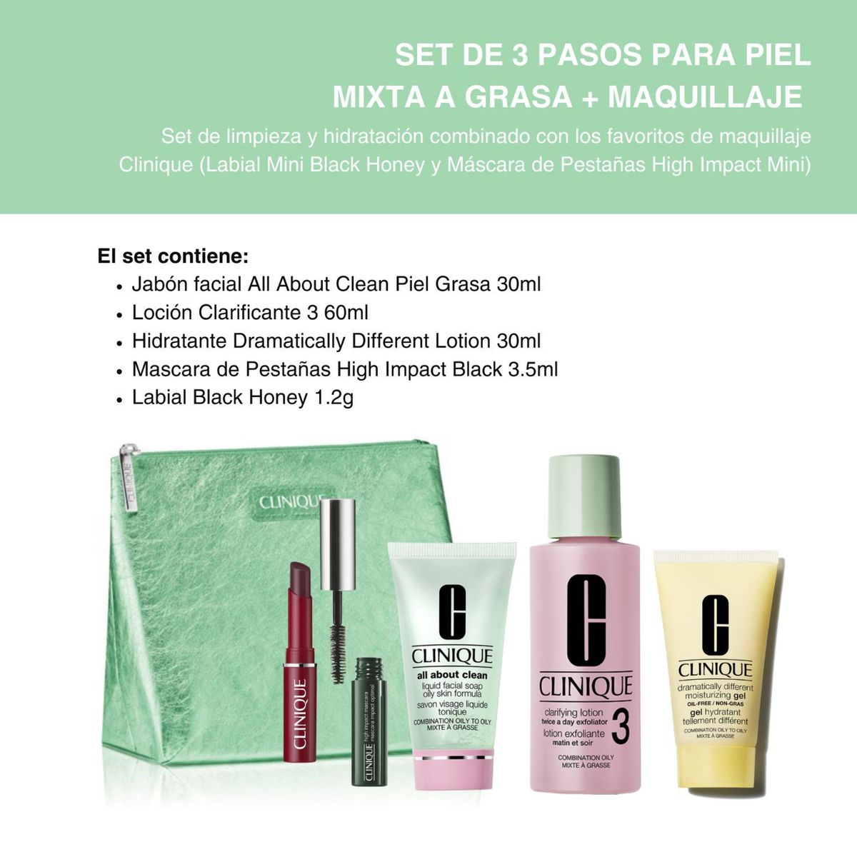 CLINIQUE - Set De 3 Pasos Para Piel Mixta A Grasa + Maquillaje