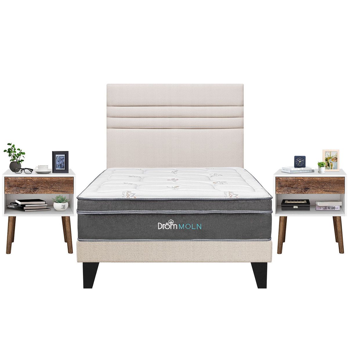 DROM - Dormitorio Europeo Moln Line 2 Plz + 2 Veladores Luxe + 2 Almohadas Viscoelásticas + Protector