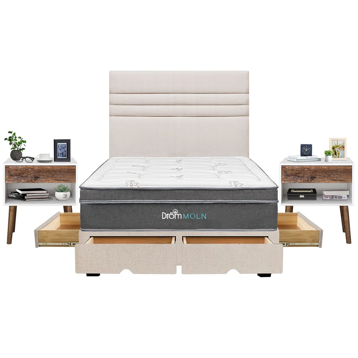 DROM - Dormitorio Con Cajones Moln Line 2 Plz + 2 Veladores Luxe + 2 Almohadas Viscoelásticas + Protector