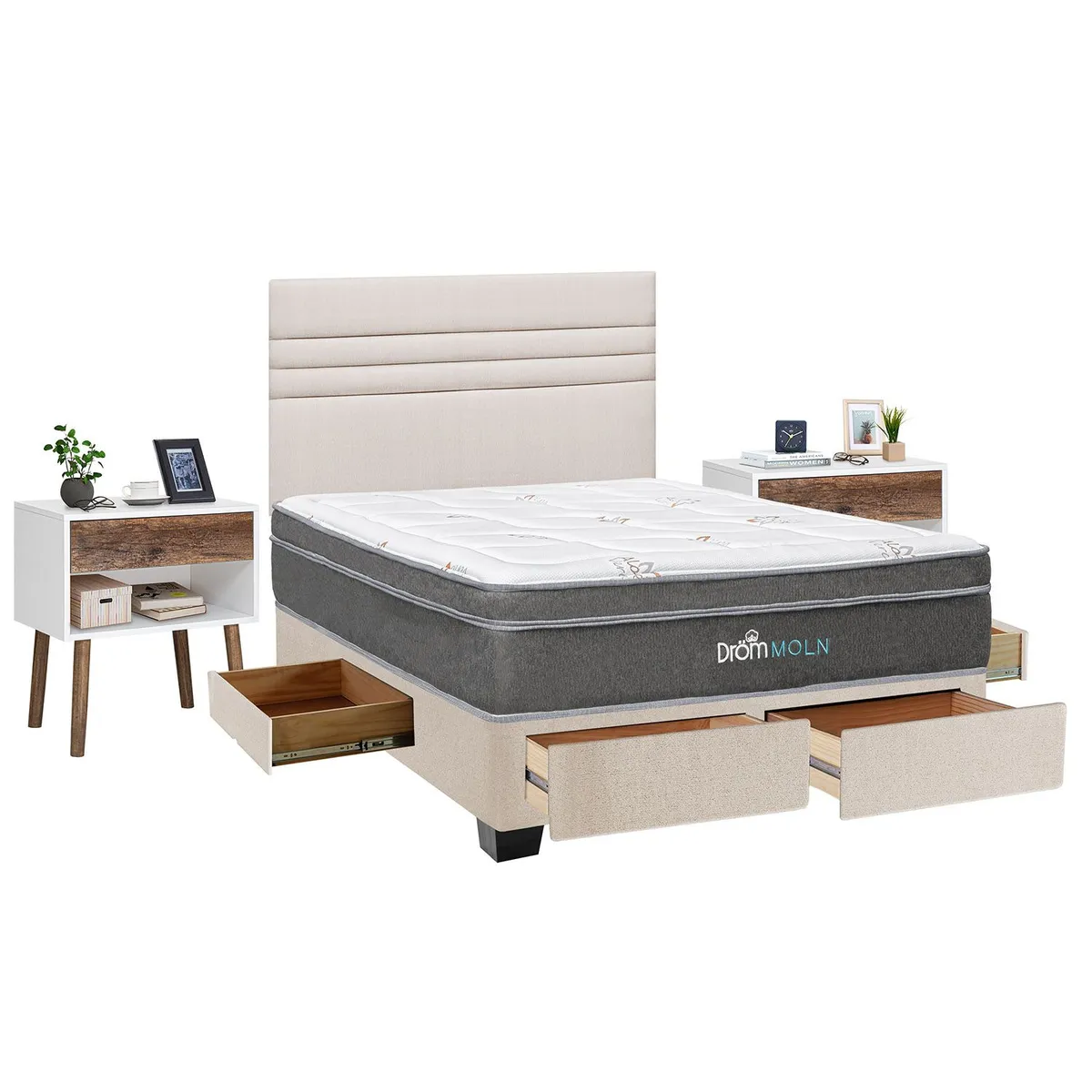 DROM - Dormitorio Con Cajones Moln Line 2 Plz + 2 Veladores Luxe + 2 Almohadas Viscoelásticas + Protector