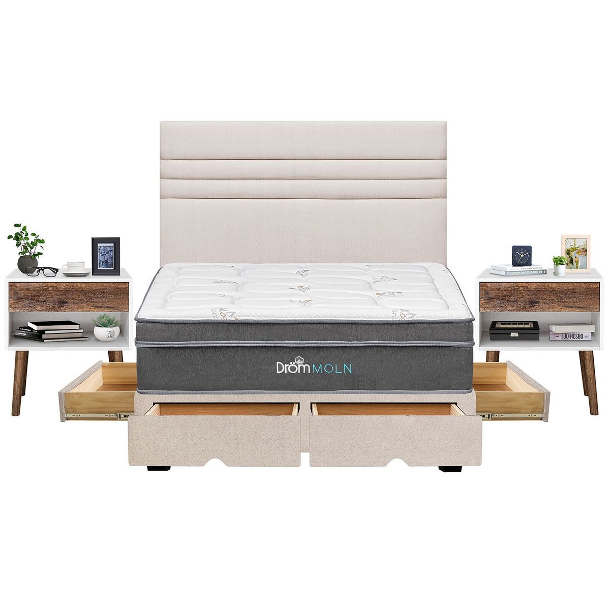 DROM - Dormitorio con Cajones Moln Line King + 2 Almohadas Viscoelásticas y Protector + 2 Veladores