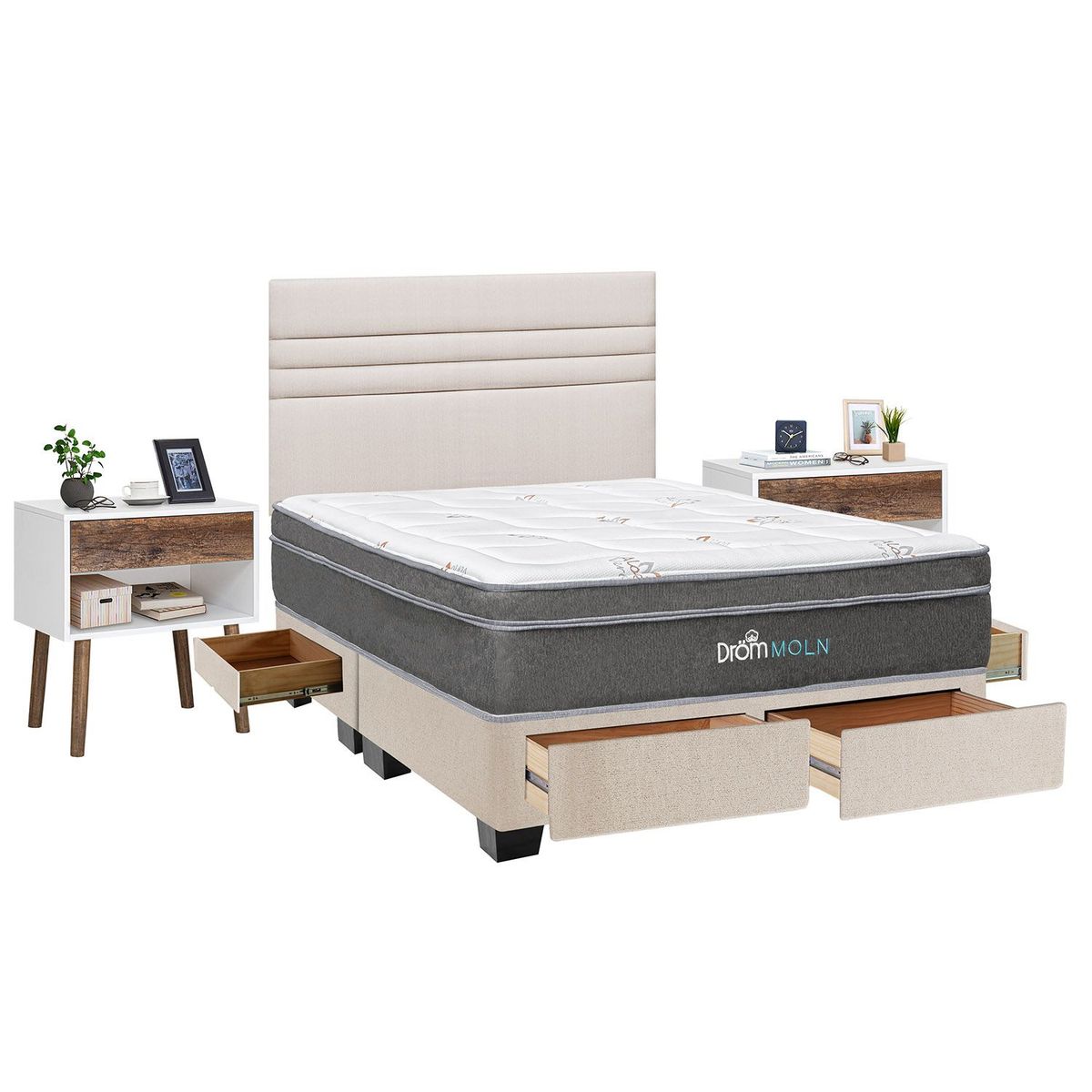 DROM - Dormitorio con Cajones Moln Line King + 2 Almohadas Viscoelásticas y Protector + 2 Veladores