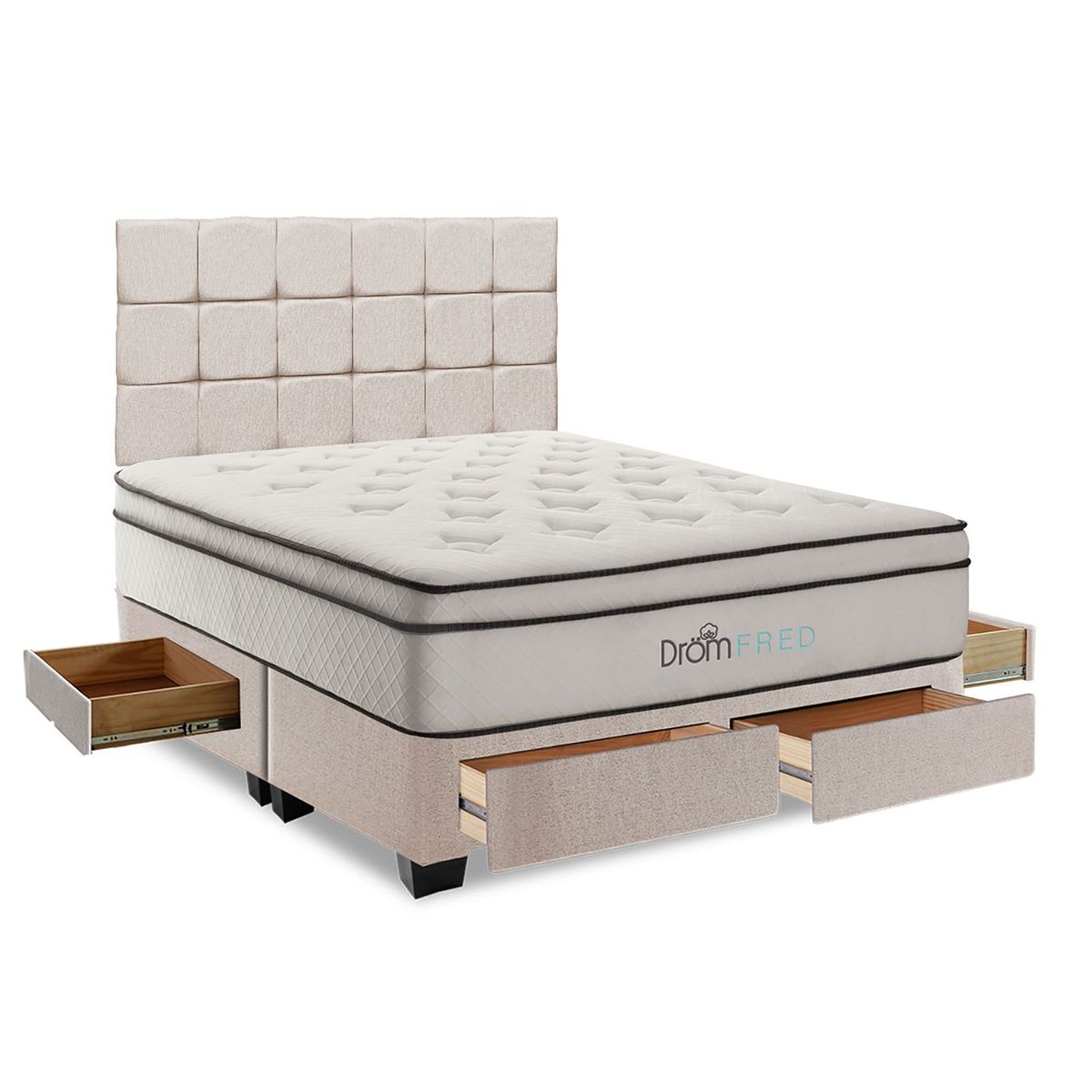 DROM - Dormitorio con Cajones Fred Queen + 2 Almohadas Viscoelásticas + Protector