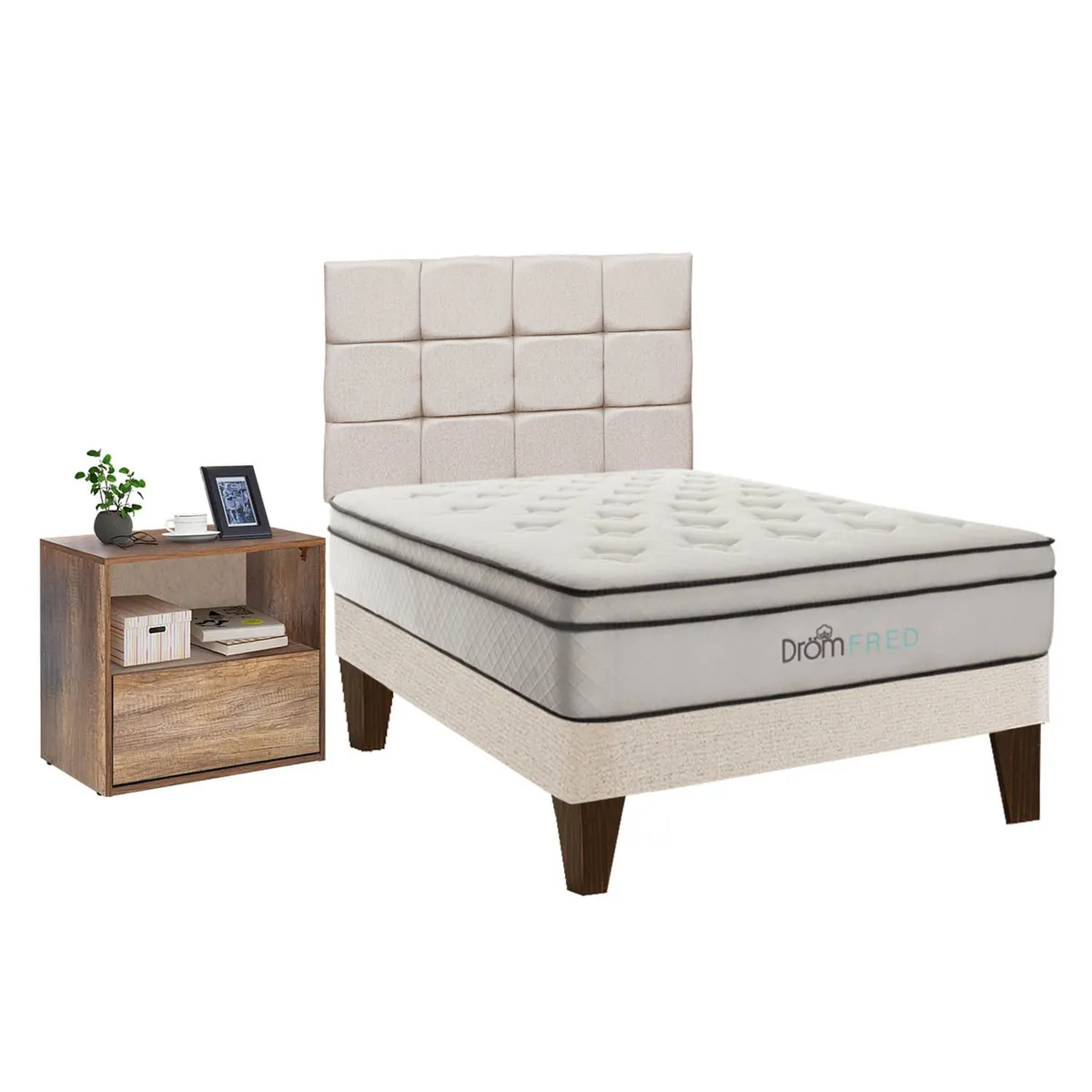 DROM - Dormitorio Europeo Fred 15 Plz + 1 Velador + 1 Almohada Viscoelástica + Protector