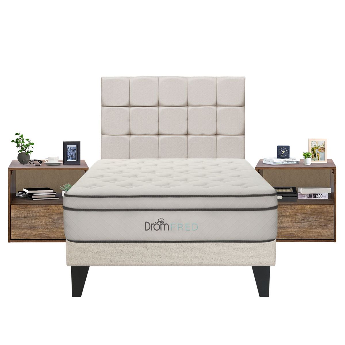DROM - Dormitorio Europeo Fred  2Plz + 2 Veladores + 2 Almohadas Viscoelásticas y Protector