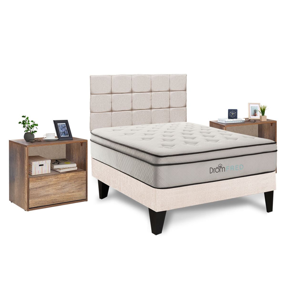 DROM - Dormitorio Europeo Fred  2Plz + 2 Veladores + 2 Almohadas Viscoelásticas y Protector