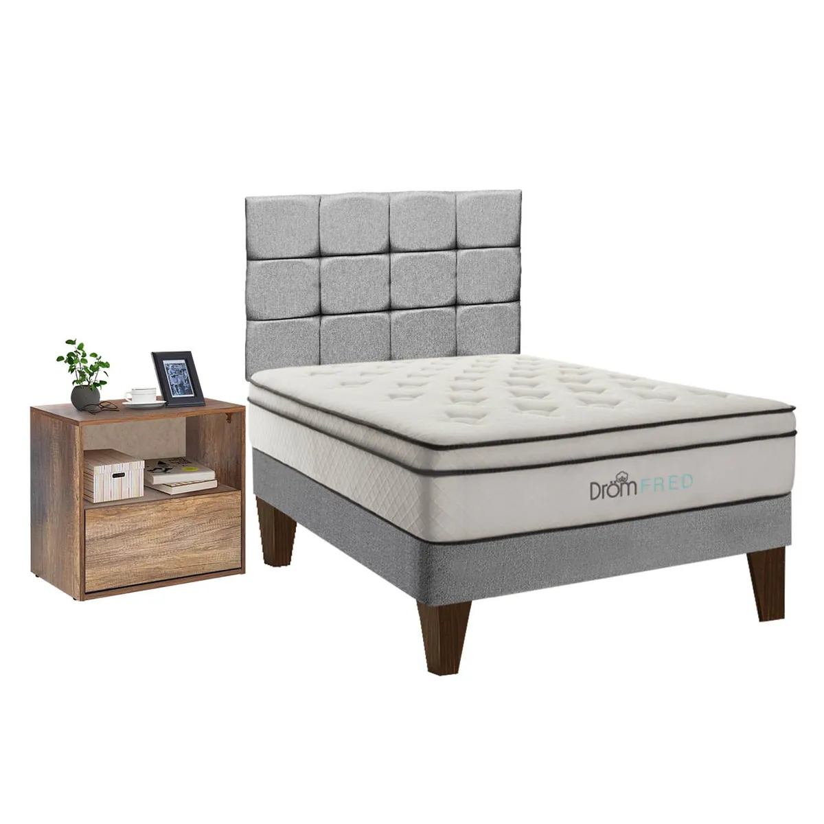 DROM - Dormitorio Europeo Fred 15 Plz + 1 Velador + 1 Almohada Viscoelástica + Protector