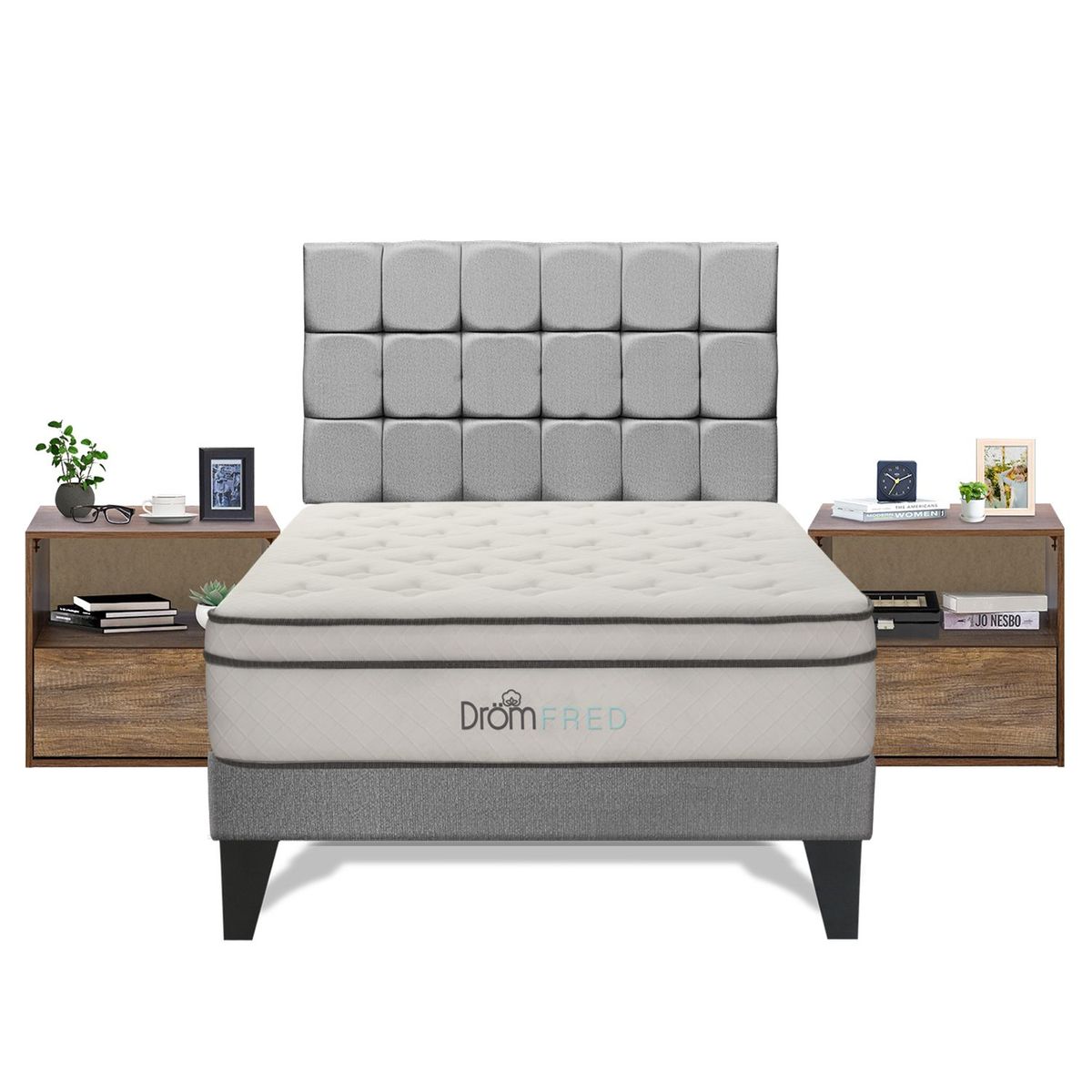 DROM - Dormitorio Europeo Fred Gris Queen + 2 Almohadas Viscoelásticas y Protector + 2 Veladores