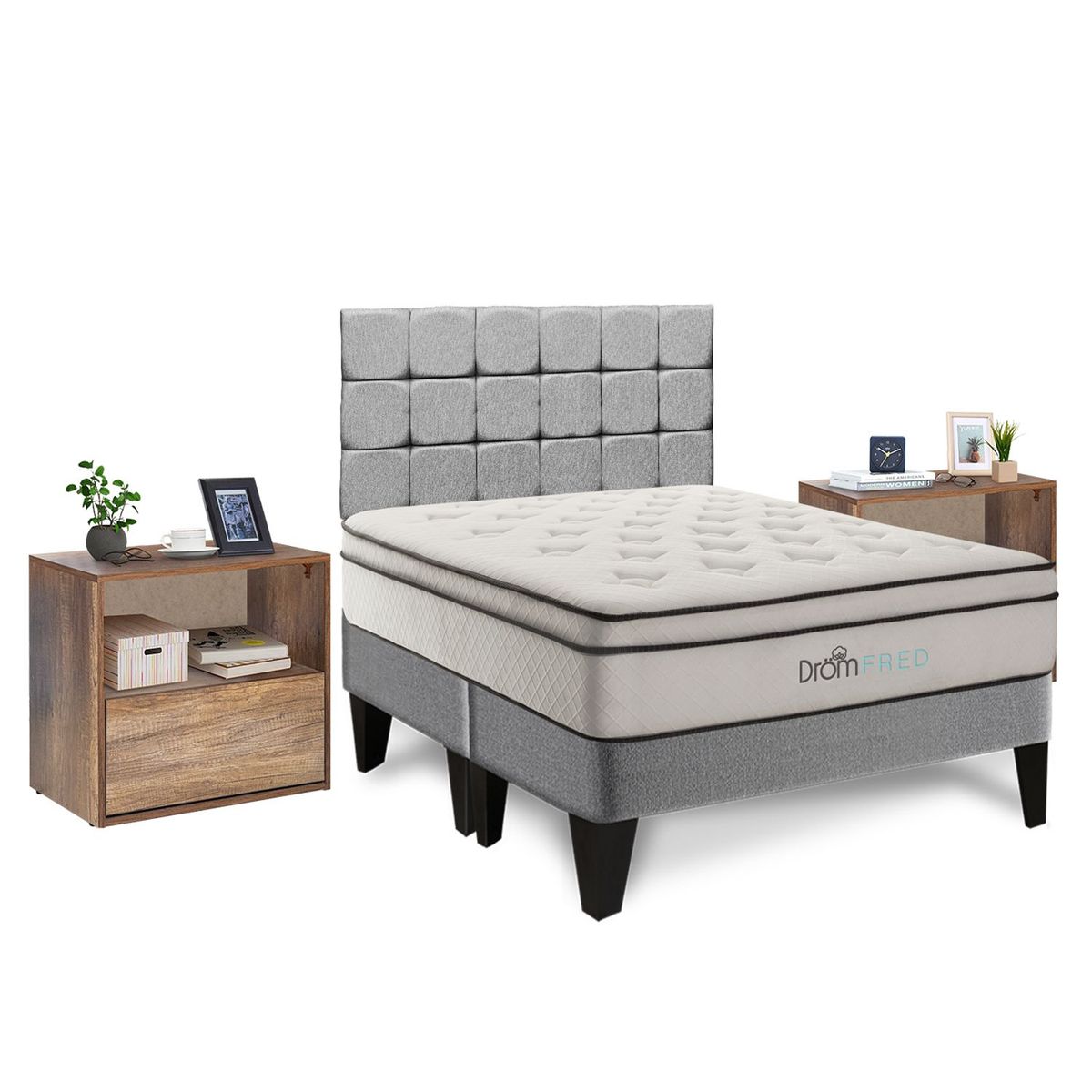 DROM - Dormitorio Europeo Fred Gris Queen + 2 Almohadas Viscoelásticas y Protector + 2 Veladores