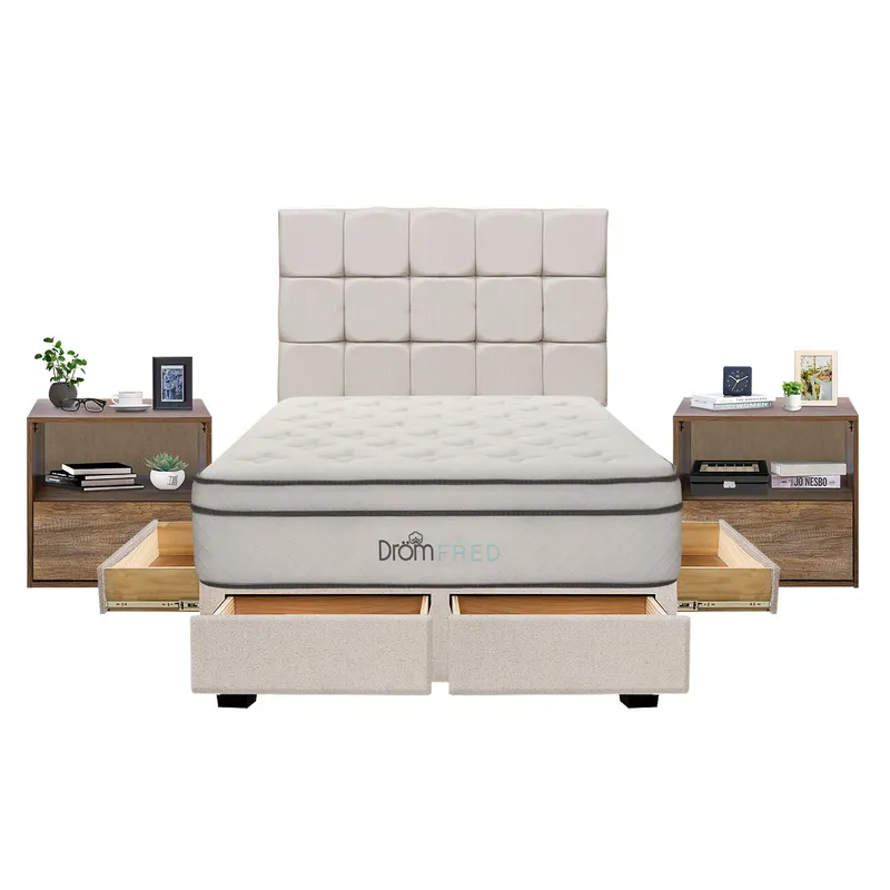DROM - Dormitorio con Cajones Fred 2 Plz + 2 Veladores + 2 Almohadas Viscoelásticas + Protector