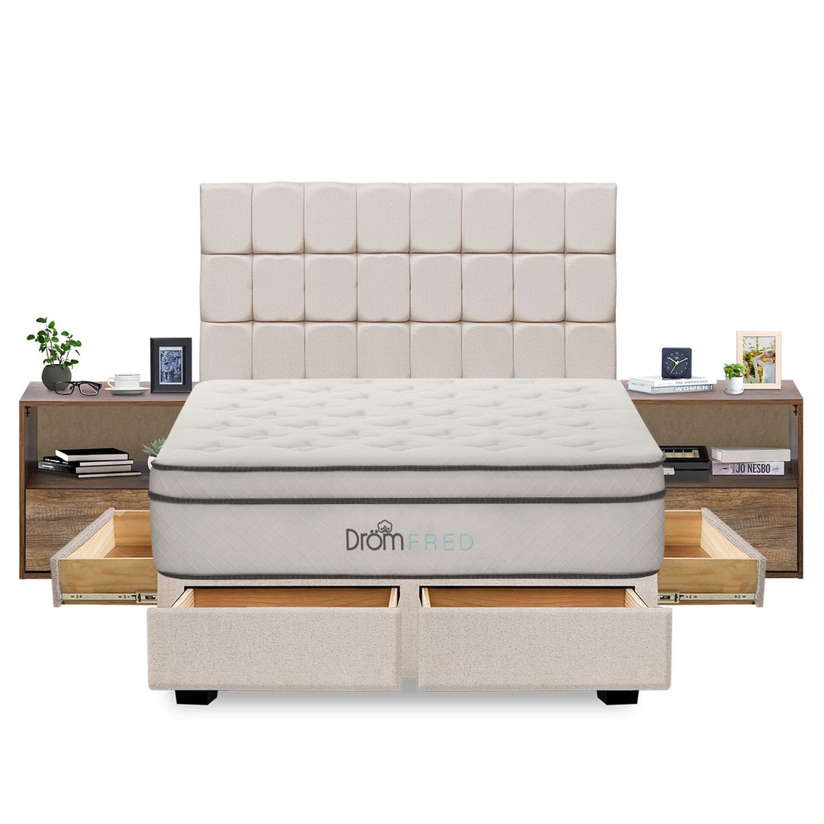 DROM - Dormitorio con Cajones Fred King + 2 Veladores + 2 Almohadas Viscoelásticas + Protector