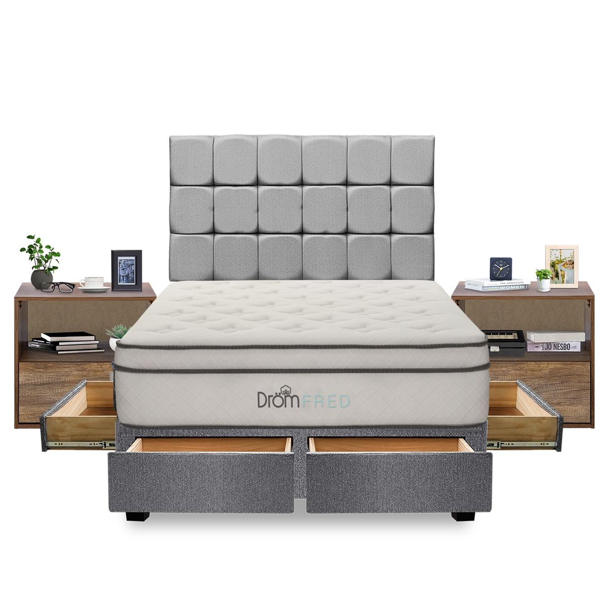 DROM - Dormitorio con Cajones Fred Queen + 2 Almohadas Viscoelásticas y Protector + 2 Veladores