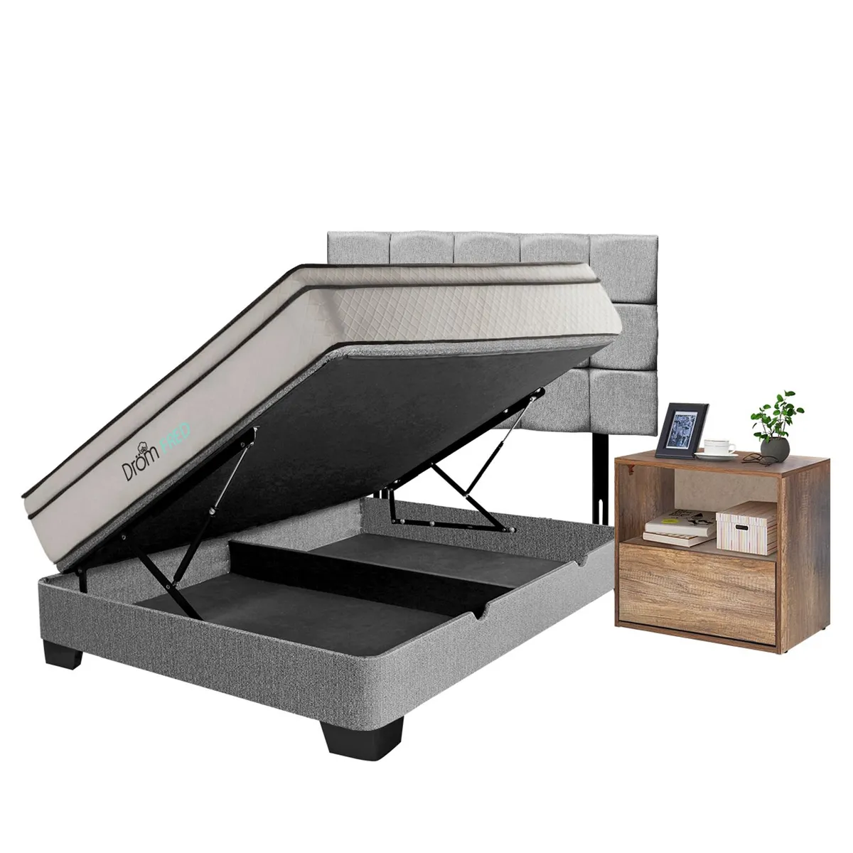 DROM - Dormitorio Boxet Fred 2 Plz + 2 Veladores + 2 Almohadas Viscoelásticas + Protector