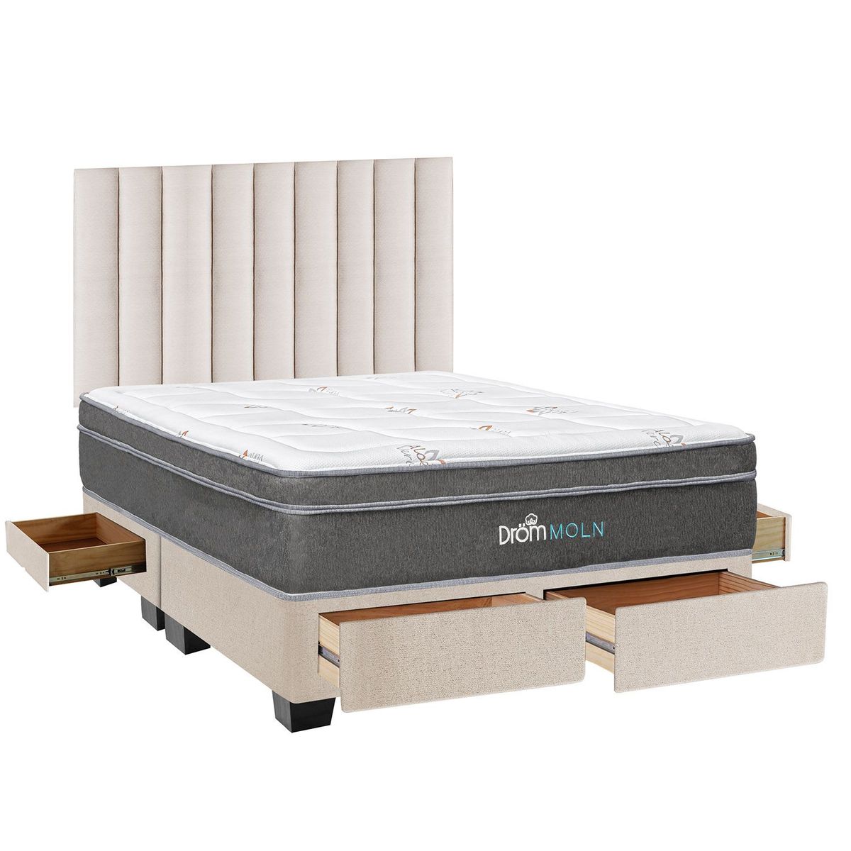 DROM - Dormitorio con Cajones Moln King + 2 Almohadas Viscoelásticas + Protector