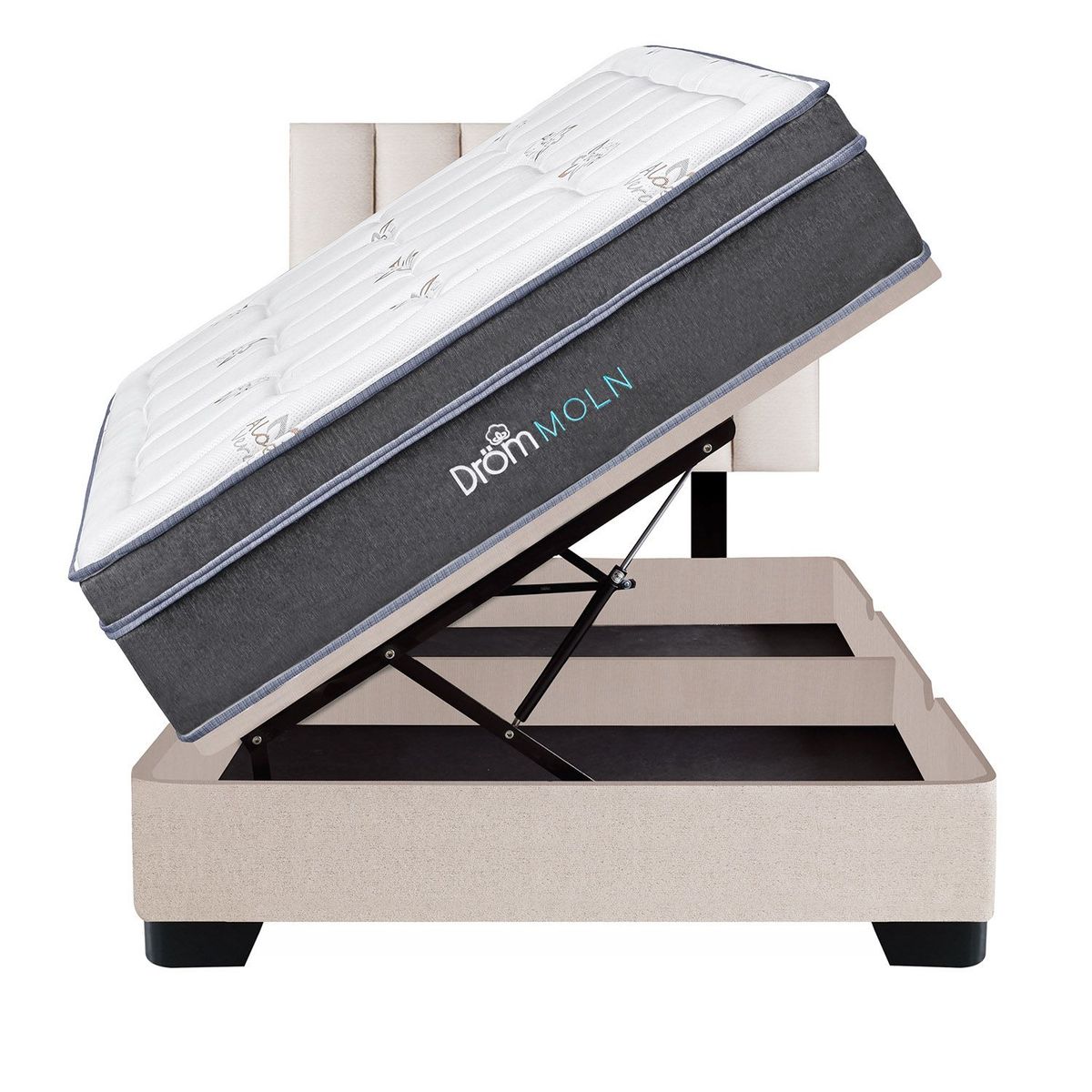 DROM - Dormitorio Boxet Moln Queen + 2 Almohadas Viscoelásticas + Protector