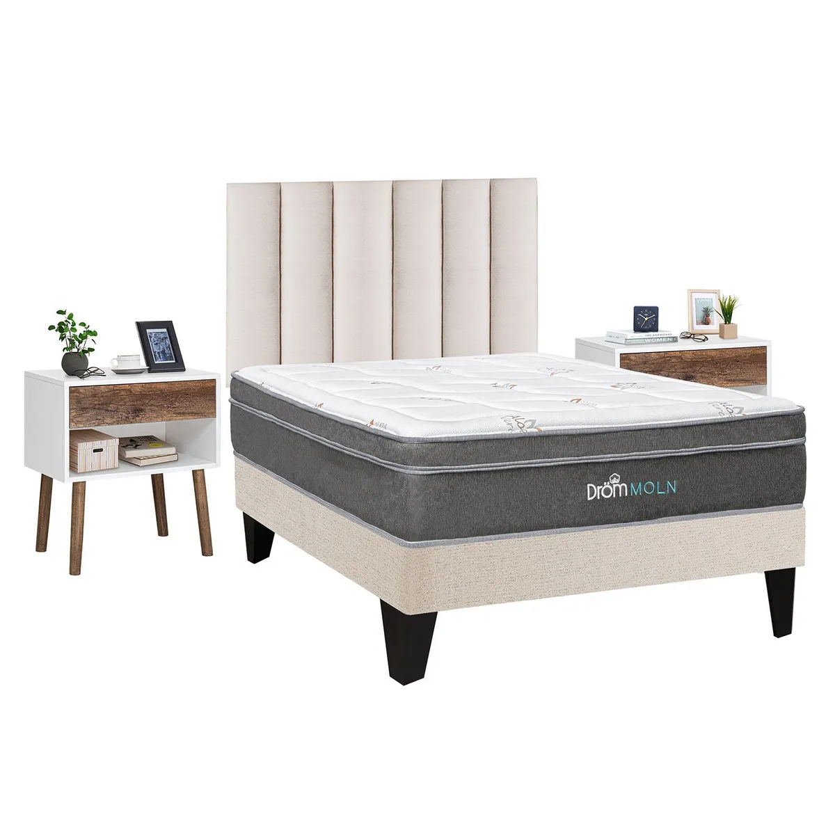 DROM - Dormitorio Europeo Moln 2 Plz + 2 Veladores Luxe + 2 Almohadas Viscoelásticas + Protector