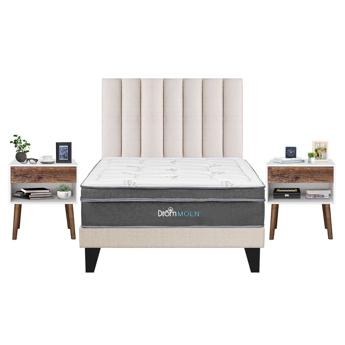 DROM - Dormitorio Europeo Moln Queen + 2 Veladores Luxe + 2 Almohadas Viscoelásticas + Protector