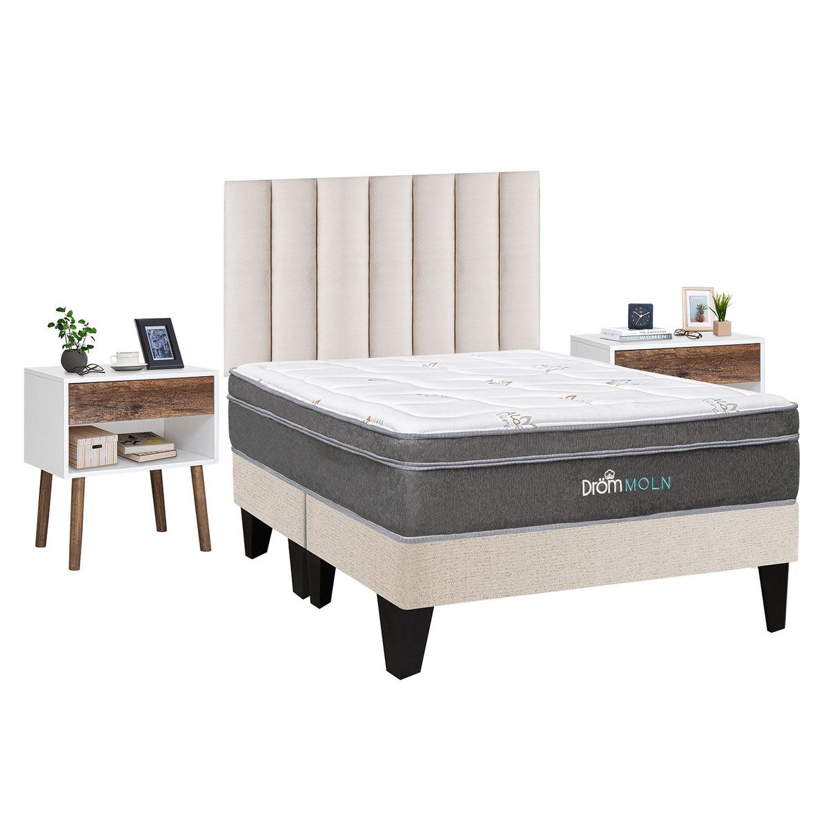 DROM - Dormitorio Europeo Moln Queen + 2 Veladores Luxe + 2 Almohadas Viscoelásticas + Protector