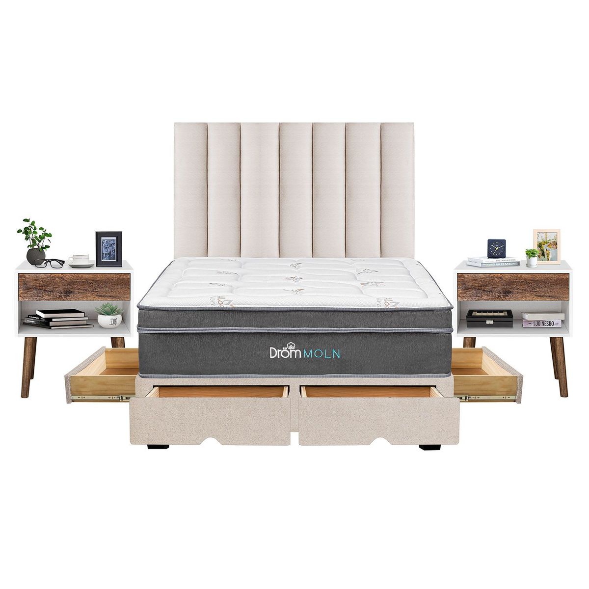 DROM - Dormitorio con Cajones Moln Queen + 2 Veladores Luxe + 2 Almohadas Viscoelásticas + Protector