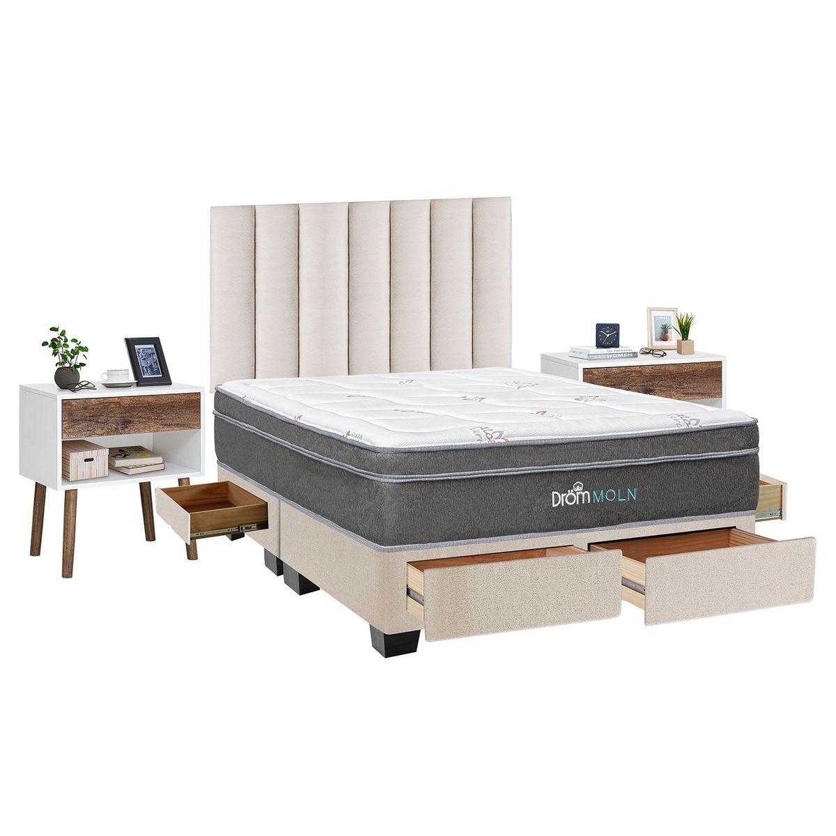 DROM - Dormitorio con Cajones Moln Queen + 2 Veladores Luxe + 2 Almohadas Viscoelásticas + Protector