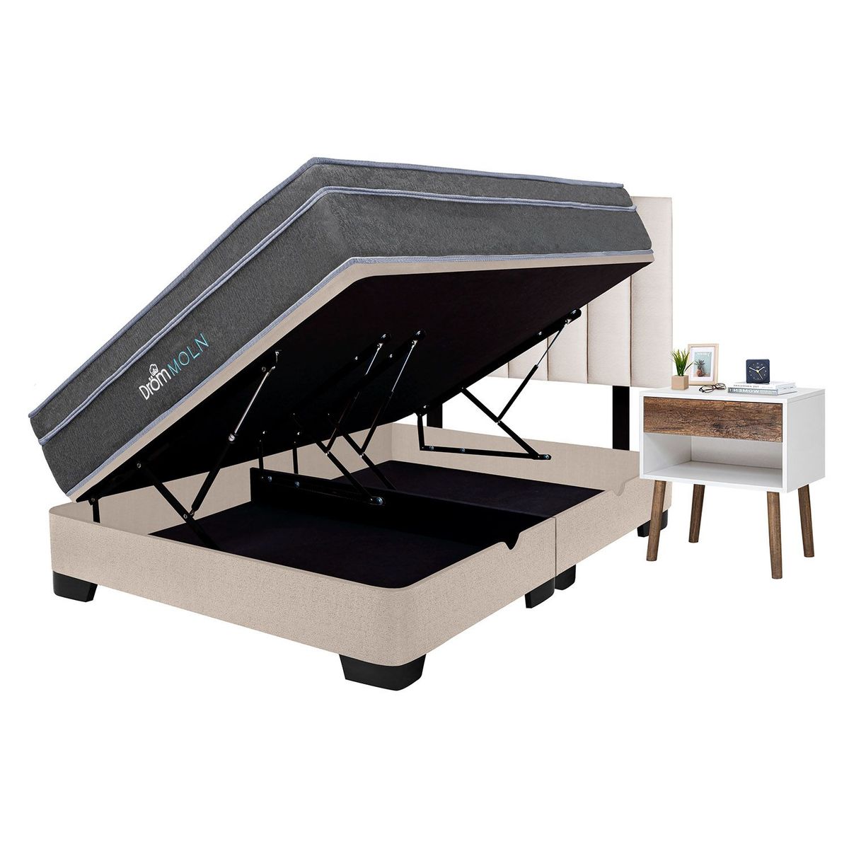 DROM - Dormitorio Boxet Moln Queen + 2 Veladores Luxe + 2 Almohadas Viscoelásticas + Protector