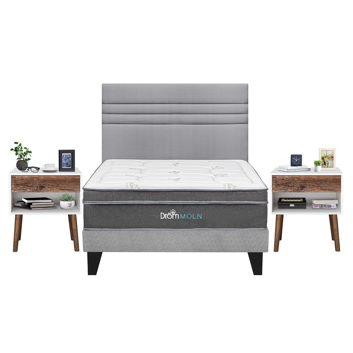 DROM - Dormitorio Europeo Moln Line Queen + 2 Almohadas Viscoelásticas y Protector + 2 Veladores