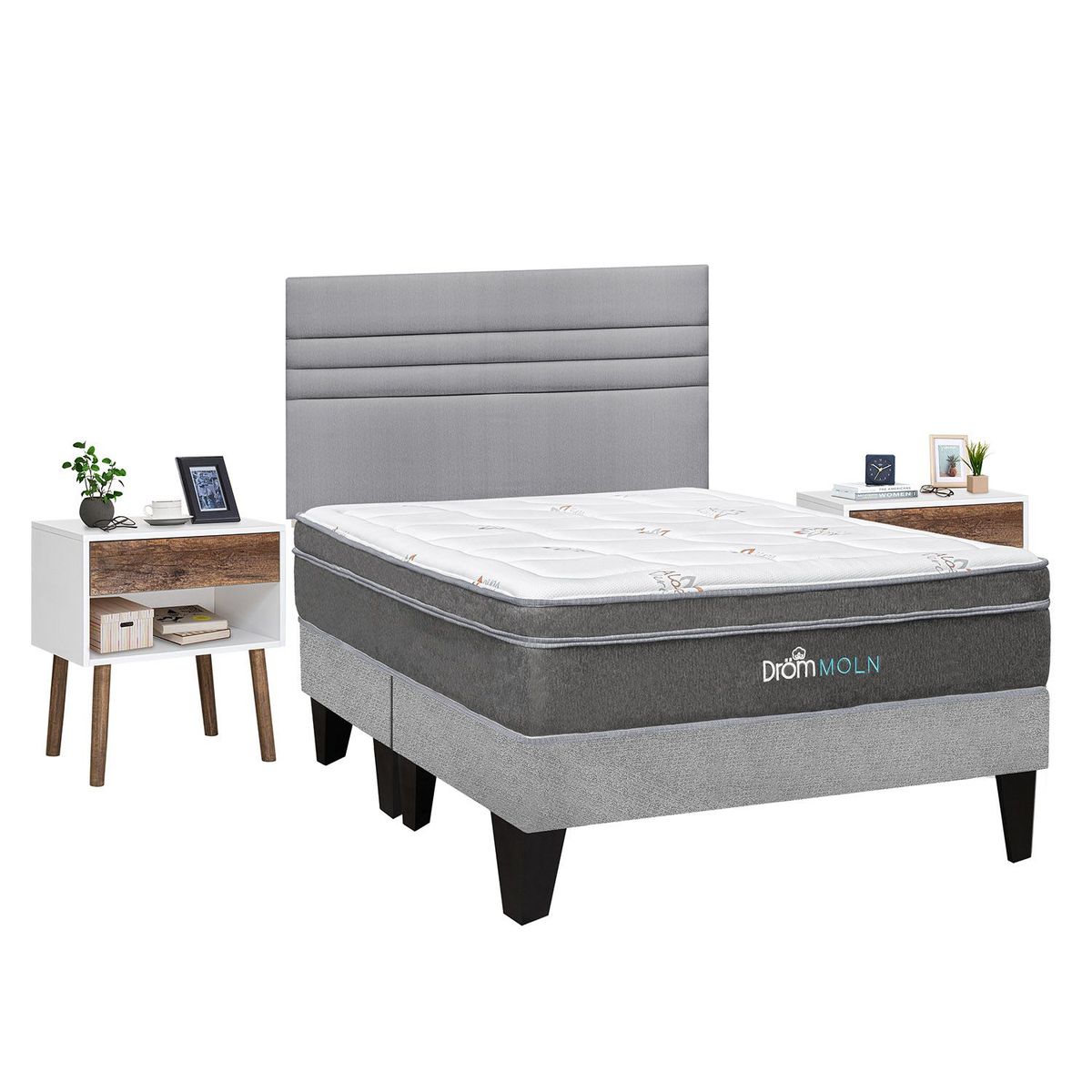 DROM - Dormitorio Europeo Moln Line Queen + 2 Almohadas Viscoelásticas y Protector + 2 Veladores