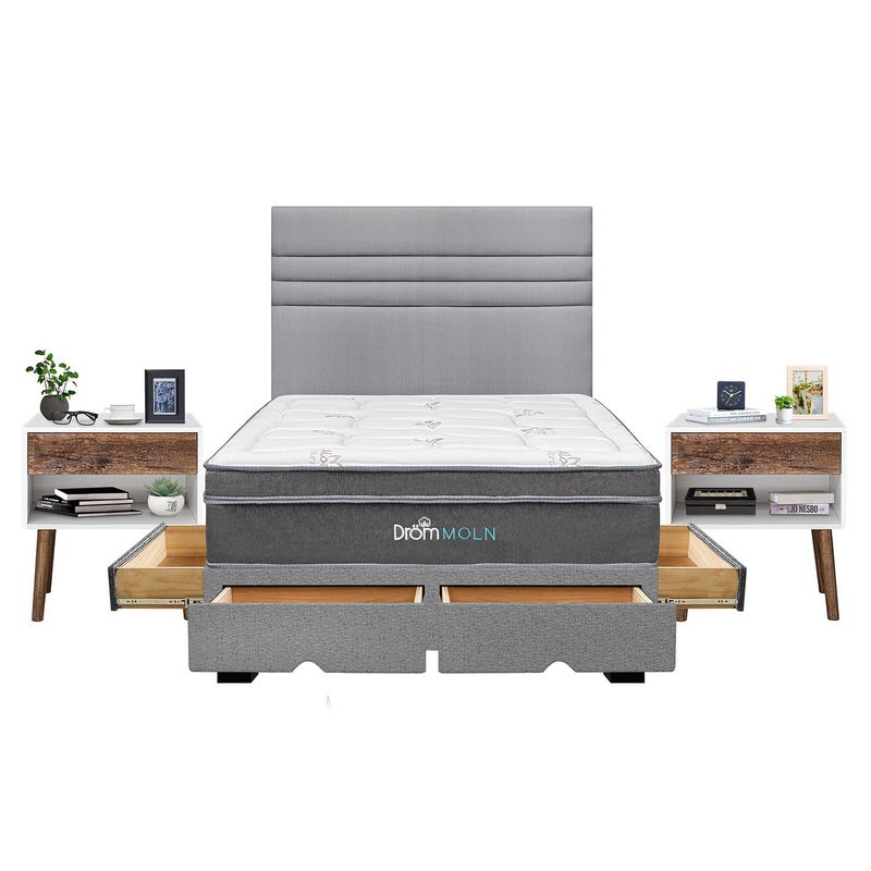 DROM - Dormitorio Con Cajones Moln Line 2 Plz + 2 Veladores Luxe + 2 Almohadas Viscoelásticas + Protector