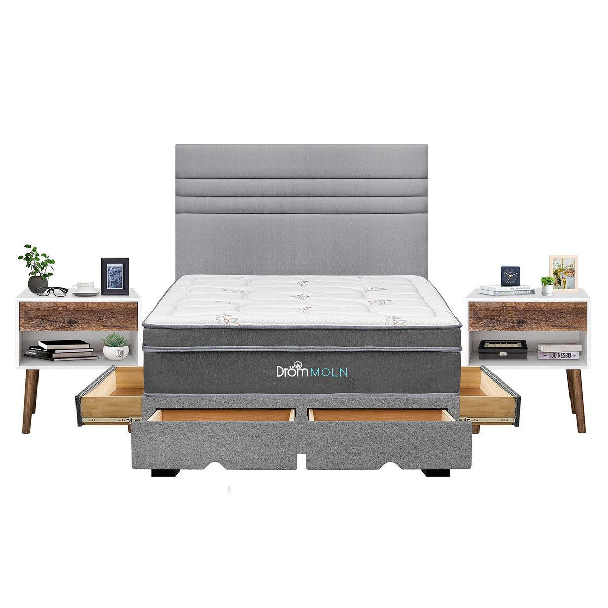 DROM - Dormitorio con Cajones Moln Line Queen + 2 Veladores Luxe + 2 Almohadas Viscoelásticas + Protector