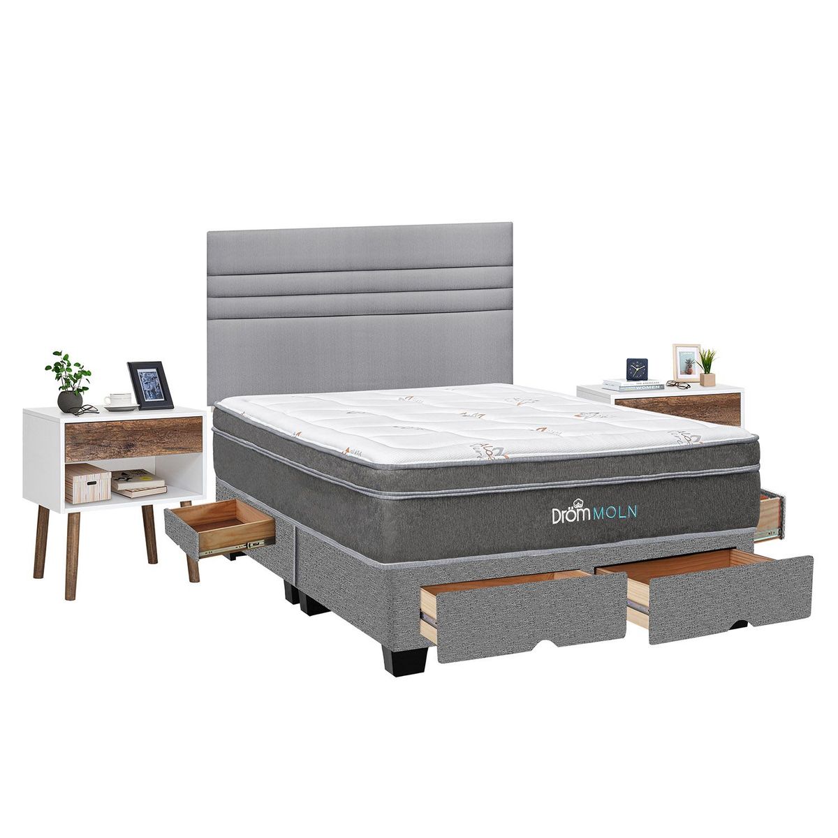 DROM - Dormitorio con Cajones Moln Line Queen + 2 Veladores Luxe + 2 Almohadas Viscoelásticas + Protector