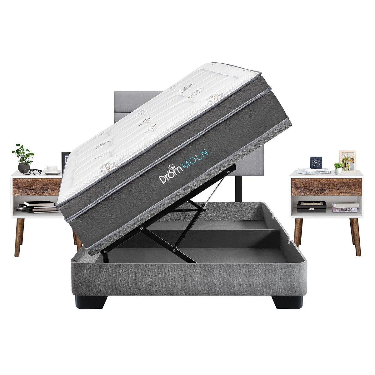 DROM - Dormitorio Boxet Moln Line 2Plz + 2 Veladores + 2 Almohadas Viscoelásticas y Protector