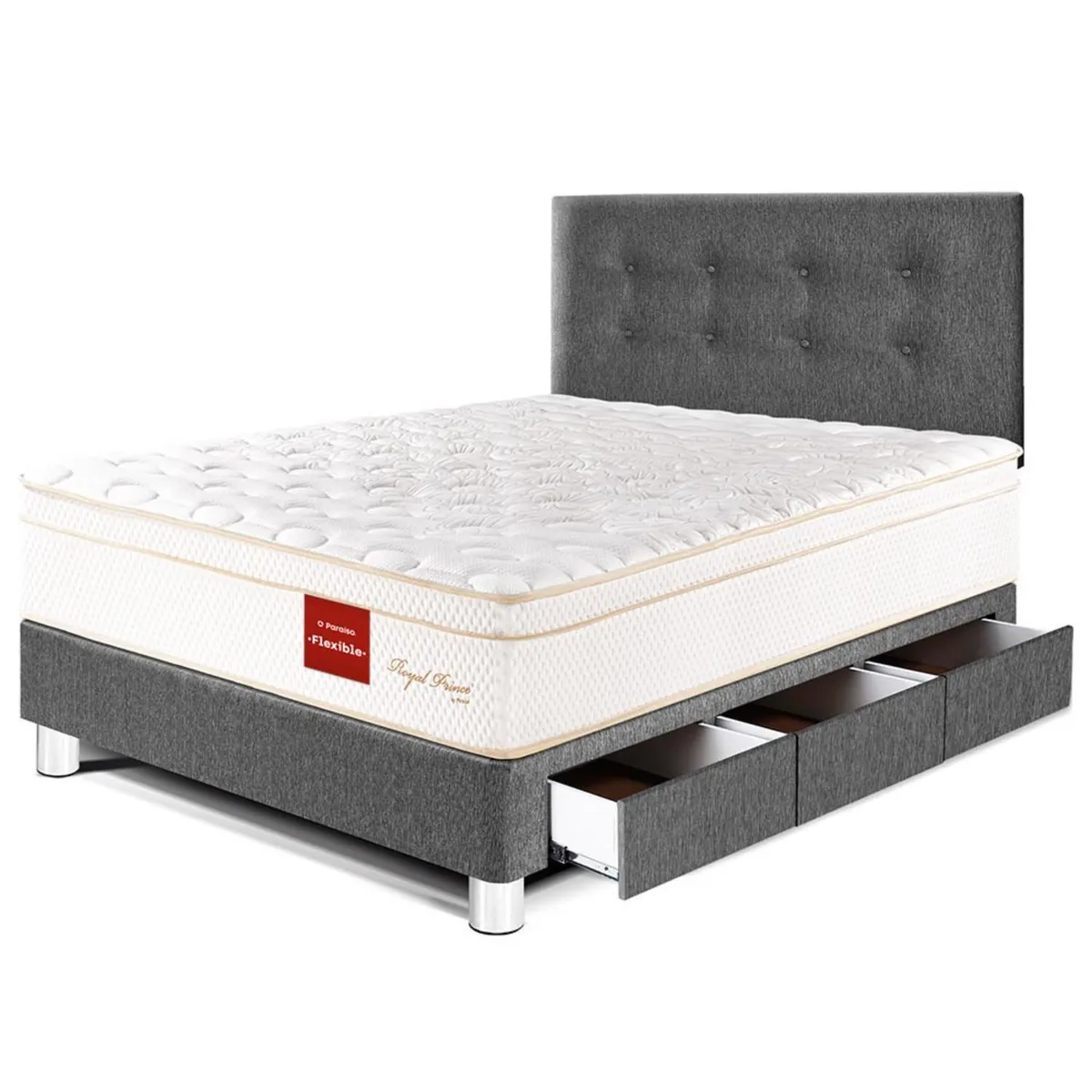 PARAISO - Dormitorio Con Cajones Royal Prince Flexible 1.5 Plz Gris + 1 Almohada Viscoelástica